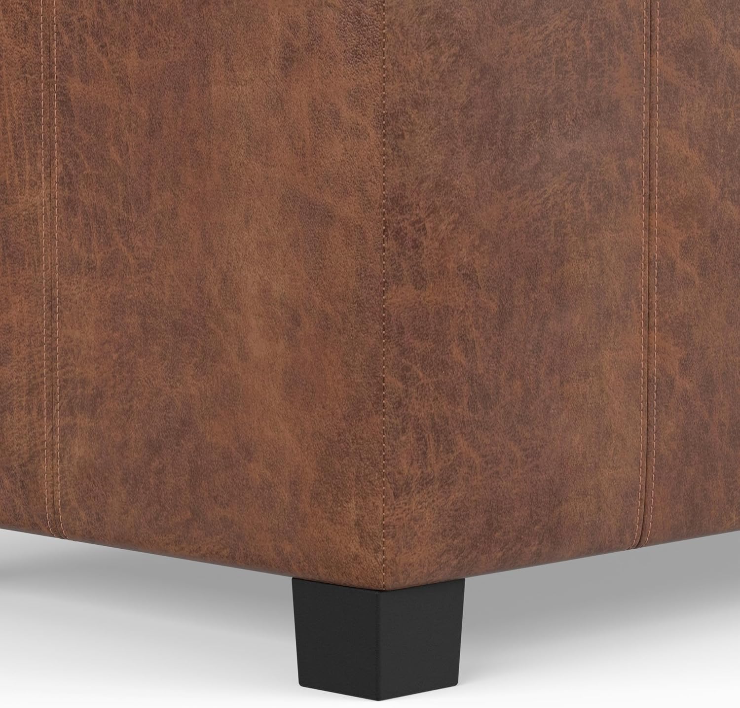 SIMPLIHOME Dover 36" Wide Vegan Leather Storage Ottoman in Midnight Black | Distressed umber brown, contemporary ottoman with lift-top and safety hinges; rectangle storage bench for living room.