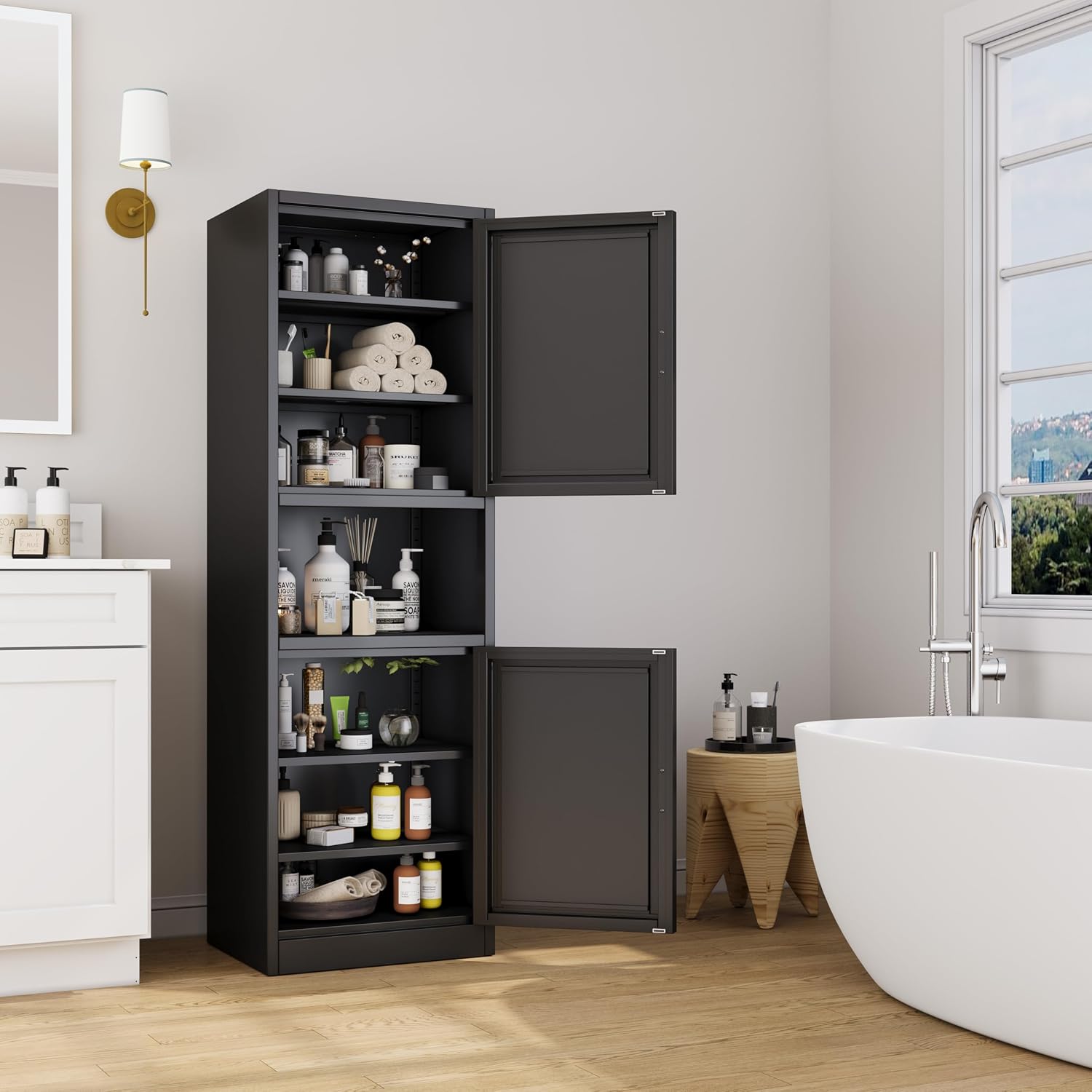 Ckzbx Tall Narrow Storage Cabinet 66.93" H Tall Bathroom Cabinet Metal Pantry Cabinets, 4 Adjustable Shelves for Kitchen, Home Office, Living Room, Dinning Room (20 inches Wide White)