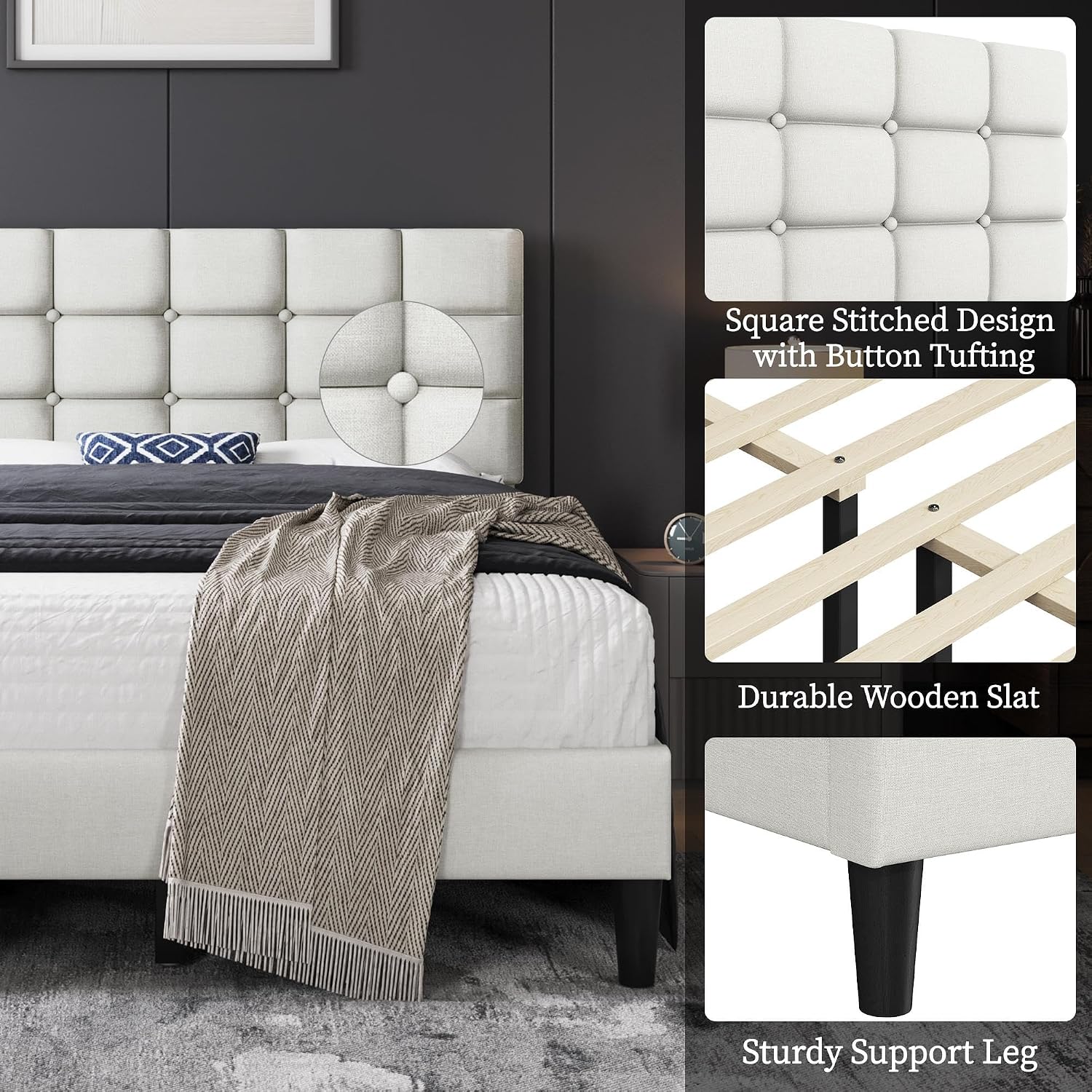 Yaheetech Full Size Upholstered Tufted Bed Frame with Headboard, Dark Gray | Sturdy engineered wood frame with linen fabric upholstery features a soft tufted headboard for easy assembly and support