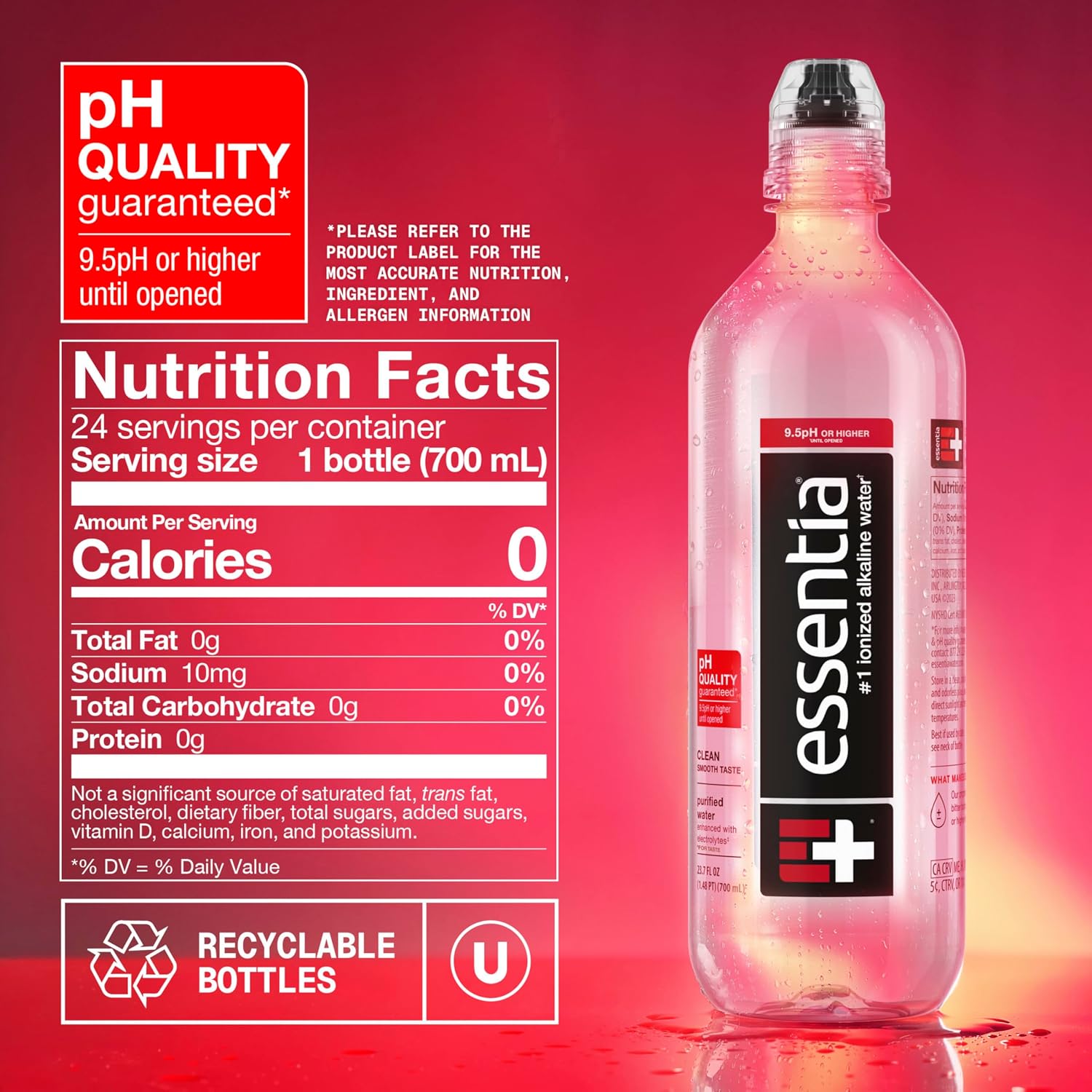 Essentia Water LLC, Ionized Alkaline Bottled Water; 99.9% Pure, Infused with Electrolytes, 9.5 pH or Higher a Clean, Smooth Taste, 20 Fl Oz (Pack of 24)