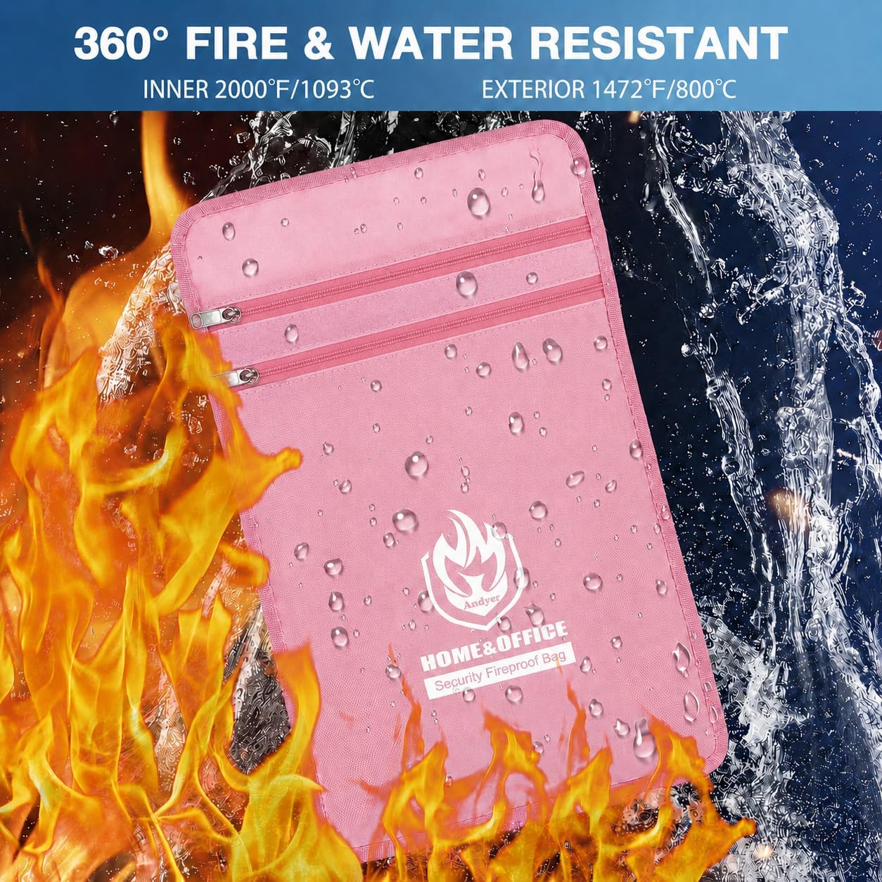 Andyer 2 Pockets Fireproof Document Bag (15"x11"), Protect Values from Fire