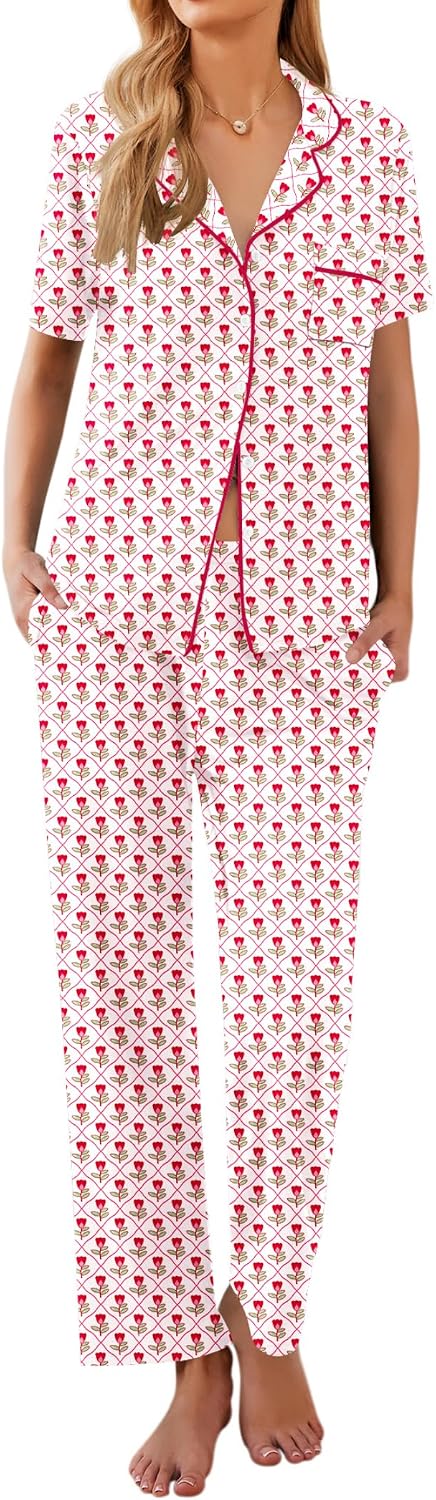 Ekouaer Womens Pajamas Set Short Sleeve Button Down Top & Pants Lounge Pjs