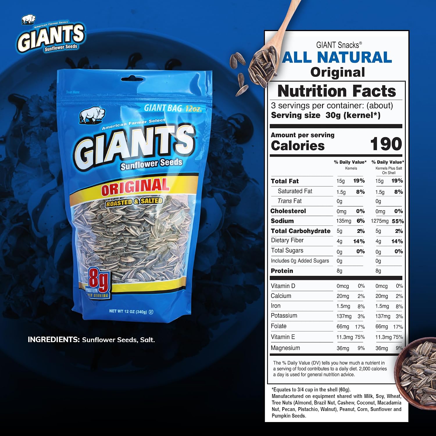 GIANTS Original Sunflower Seeds - Sunflower Seeds to Eat, Sunflower Seeds Bulk, Lightly Salted Sunflower Seeds for Eating, High Protein Snack - 5.75 oz Resealable Bags (Case of 12)