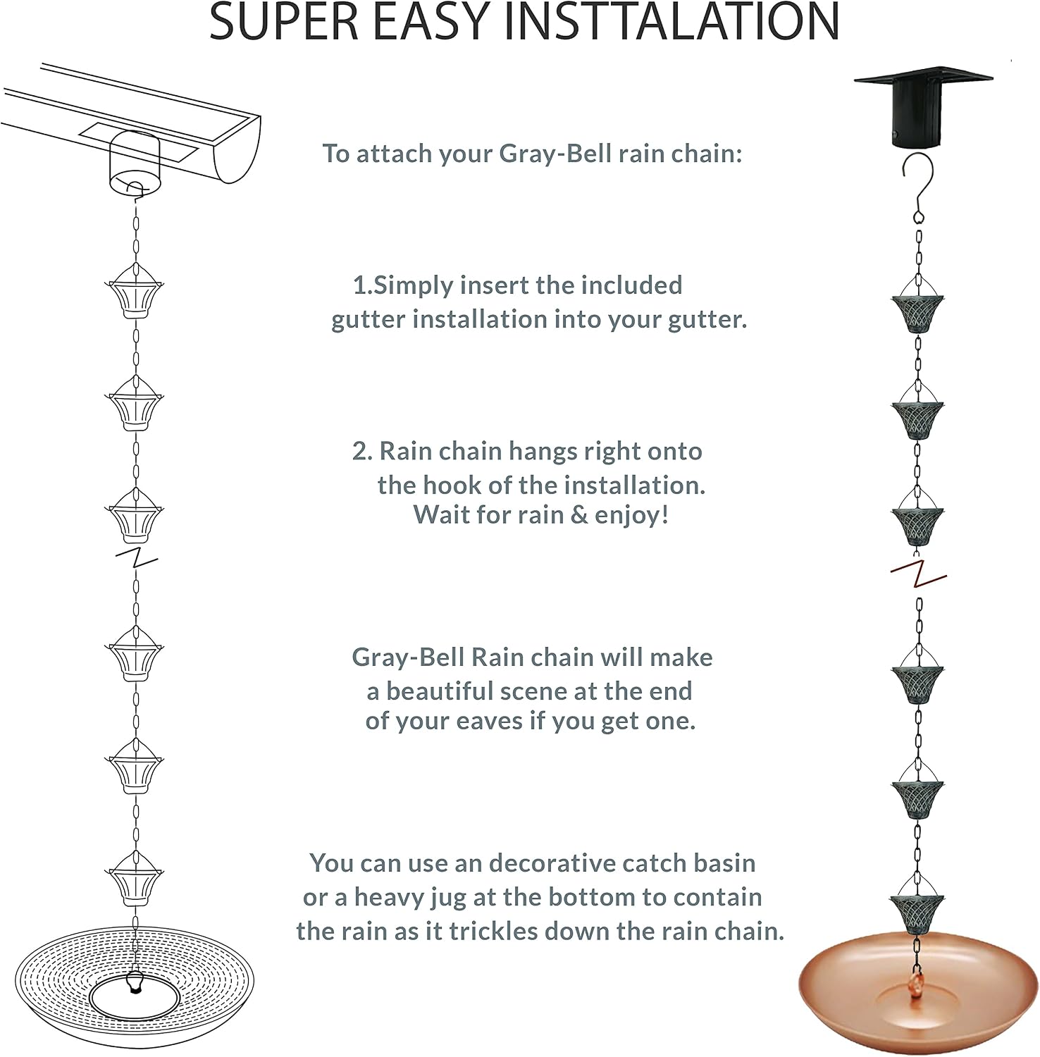 8.5FT Bell Iron Rain Chain for Gutters and Rain Barrel+Adapter, Blue