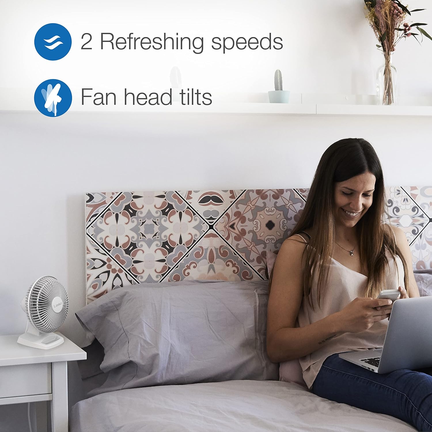 Lasko Personal Table Fan with Storage Tray, 2 Quiet Speeds, Tilt-Back Fan Head for Home Office, Bedroom, 6", White, 2002W