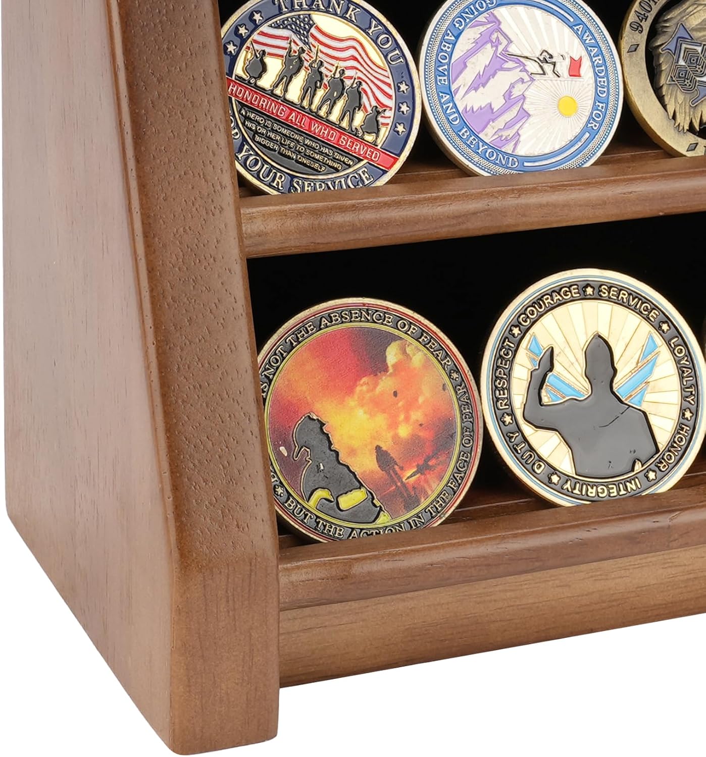 ASmileIndeep 3 Rows Wooden Challenge Coin Wall Display Stand - Military Coin Holder Army Coins Rack, Holds 21-24 Coins, Mahogany