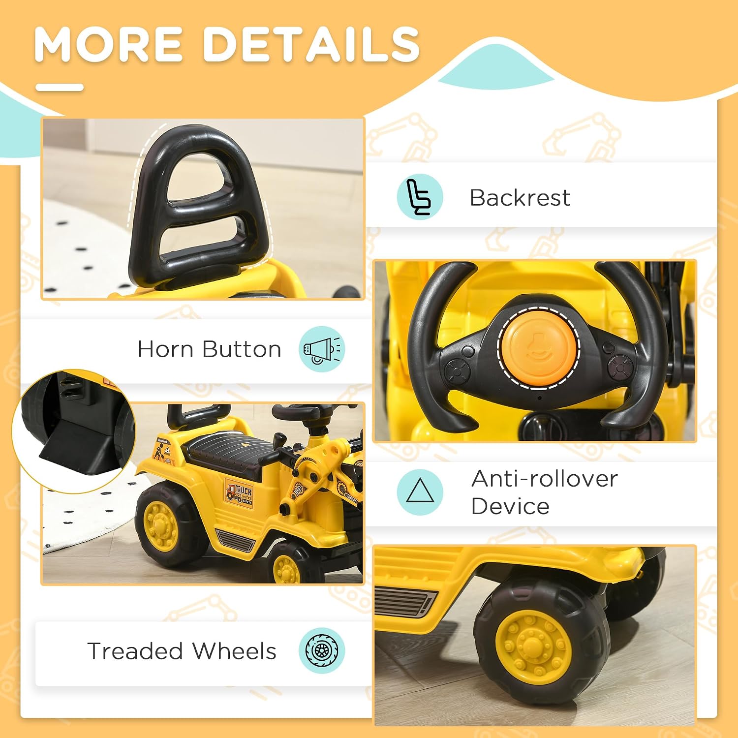HOMCOM Ride On Excavator Ride On Bulldozer with Horn, Under Seat Storage