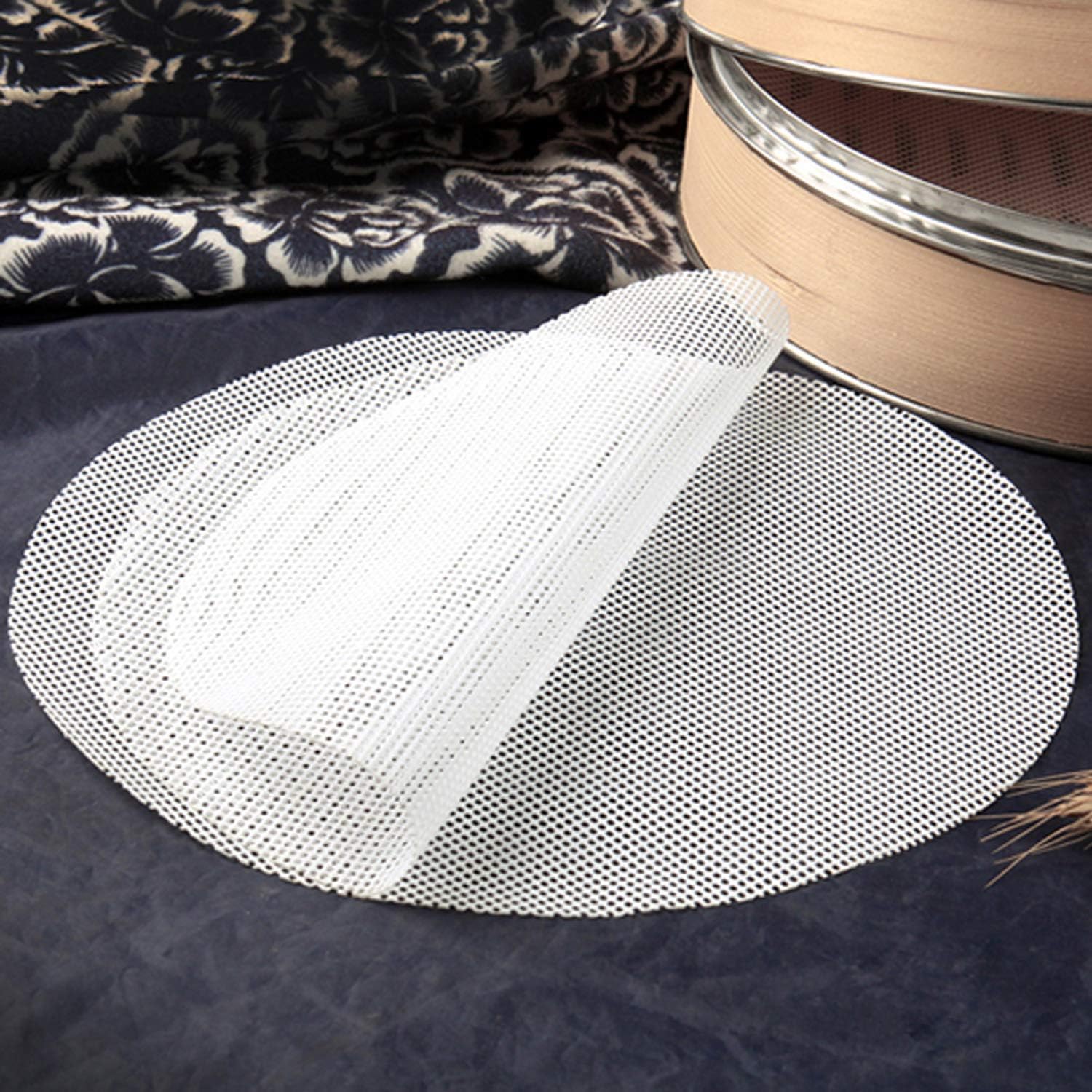 GUCUJI 8 Inch Silicone Bamboo Steamer Liners - Non-Stick, Reusable Steamer Mesh Mats for Steamed Buns, Dumplings, veggies, Dim Sum, Momo, Rice, and fish - Food Grade BPA Free (4Pcs)