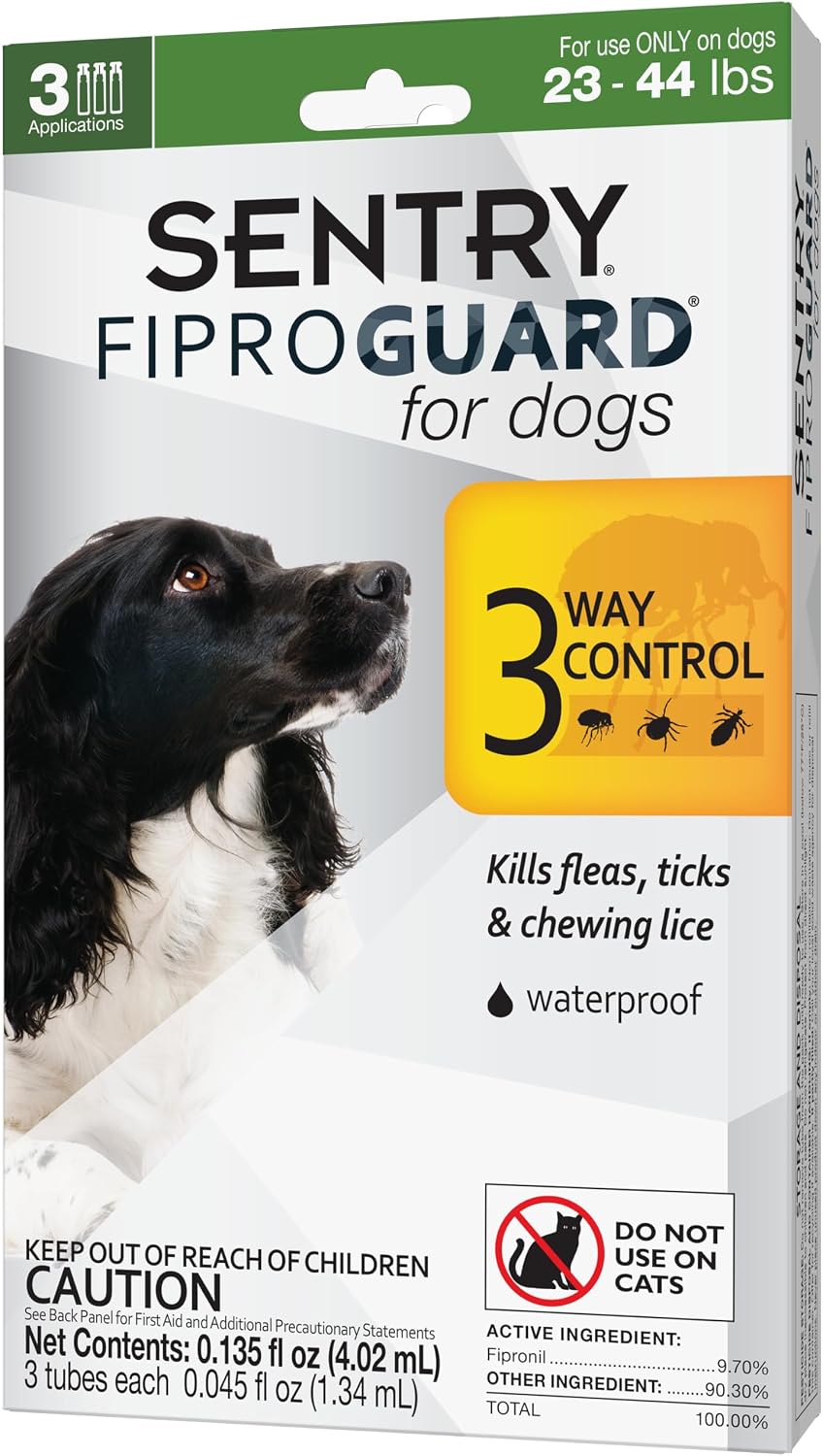 Sentry Fiproguard for Dogs, Flea and Tick Prevention for Dogs (23-44 Pounds), Includes 3 Month Supply of Topical Flea Treatments | Ideal for Medium Dogs 23-44 lbs; Kills Fleas, Ticks & Chewing Lice for 30 Days; 8 weeks+; Vet-Quality OTC Formula