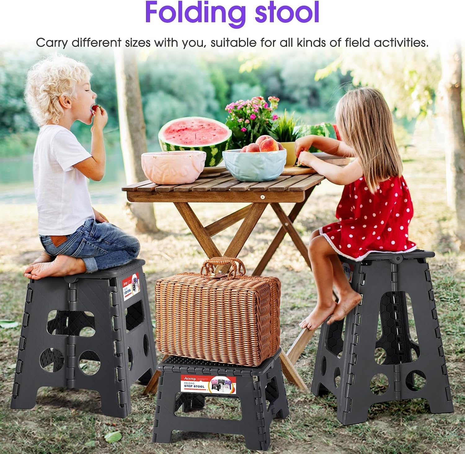 11 Inch Folding Step Stool for Kids, Non-Slip Foldable Stools, Black | Heavy Duty Collapsible Foot Stool, Lightweight with Built-in Handle, Holds 300 lb for Adults Kitchen Bathroom Bedroom Outdoor