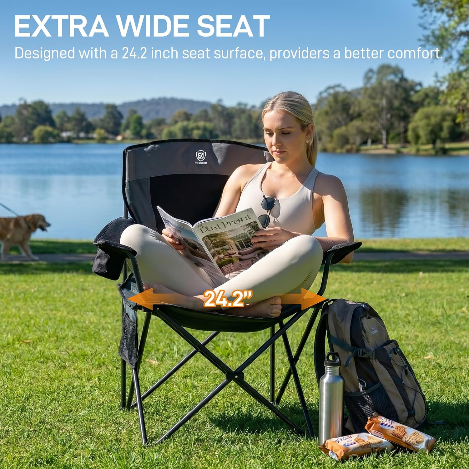 EVER ADVANCED High Back Folding Camping Chair Oversized and Fully Padded, Portable Quad Camp Lawn Chair Up to 400 lbs, with Cup Holder Armrest Carrying Bag