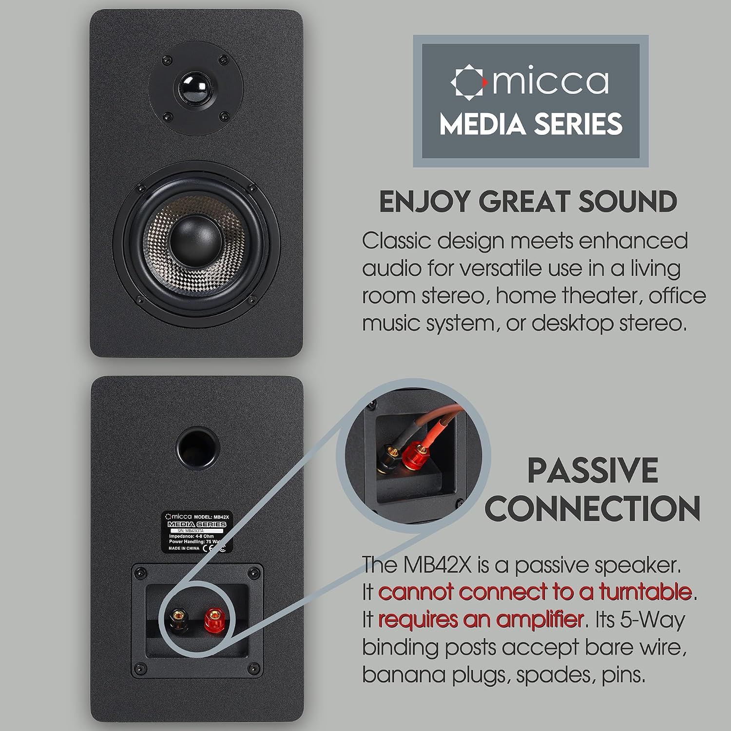 Micca MB42X Advanced 2-Way Passive Bookshelf Speakers, Stereo Pair, Black | Amplifier Required, 4-Inch Carbon-Fiber Woofer, 0.75-Inch Silk-Dome Tweeter, Desktop, Home Theater, Surround Sound