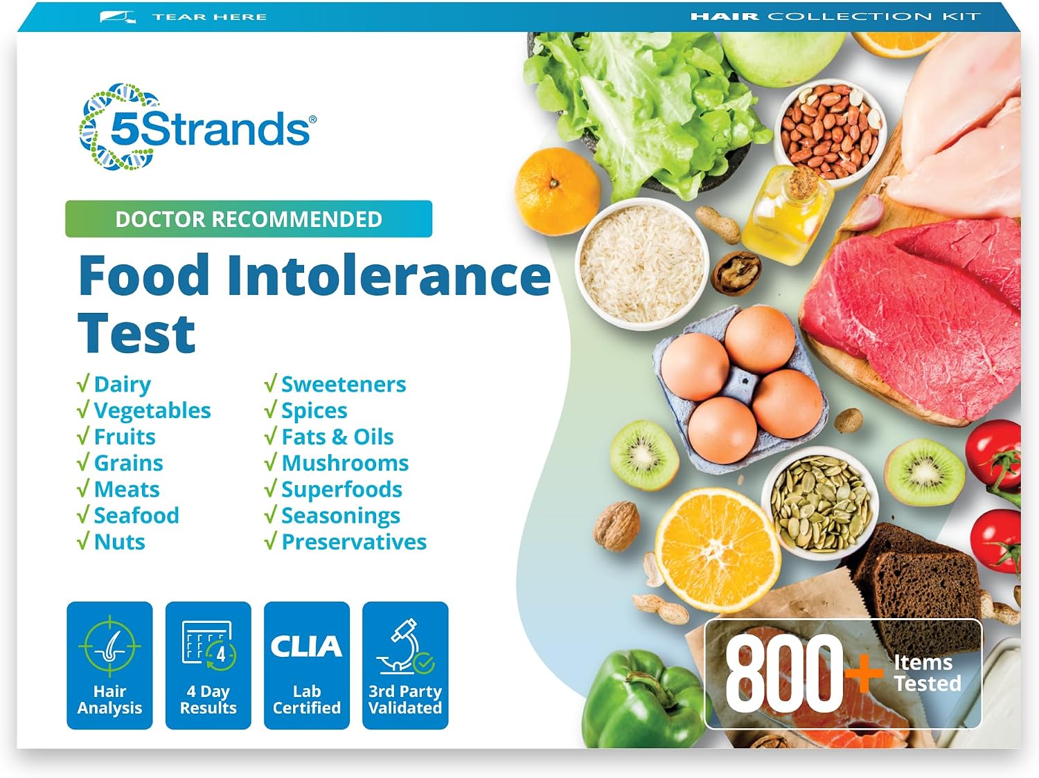 5Strands Food Intolerance Test, Accurate Hair Analysis, 800 Items Tested, at Home Food Sensitivity Test Kit for Adults & Kids, Gut Health Test