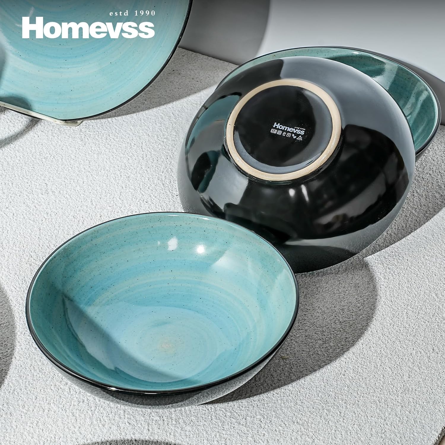 HomeVss, Sonoma Stoneware Dinnerware Set, Outside Black + Inside Hand Painting Color (16pc Set, Grey)