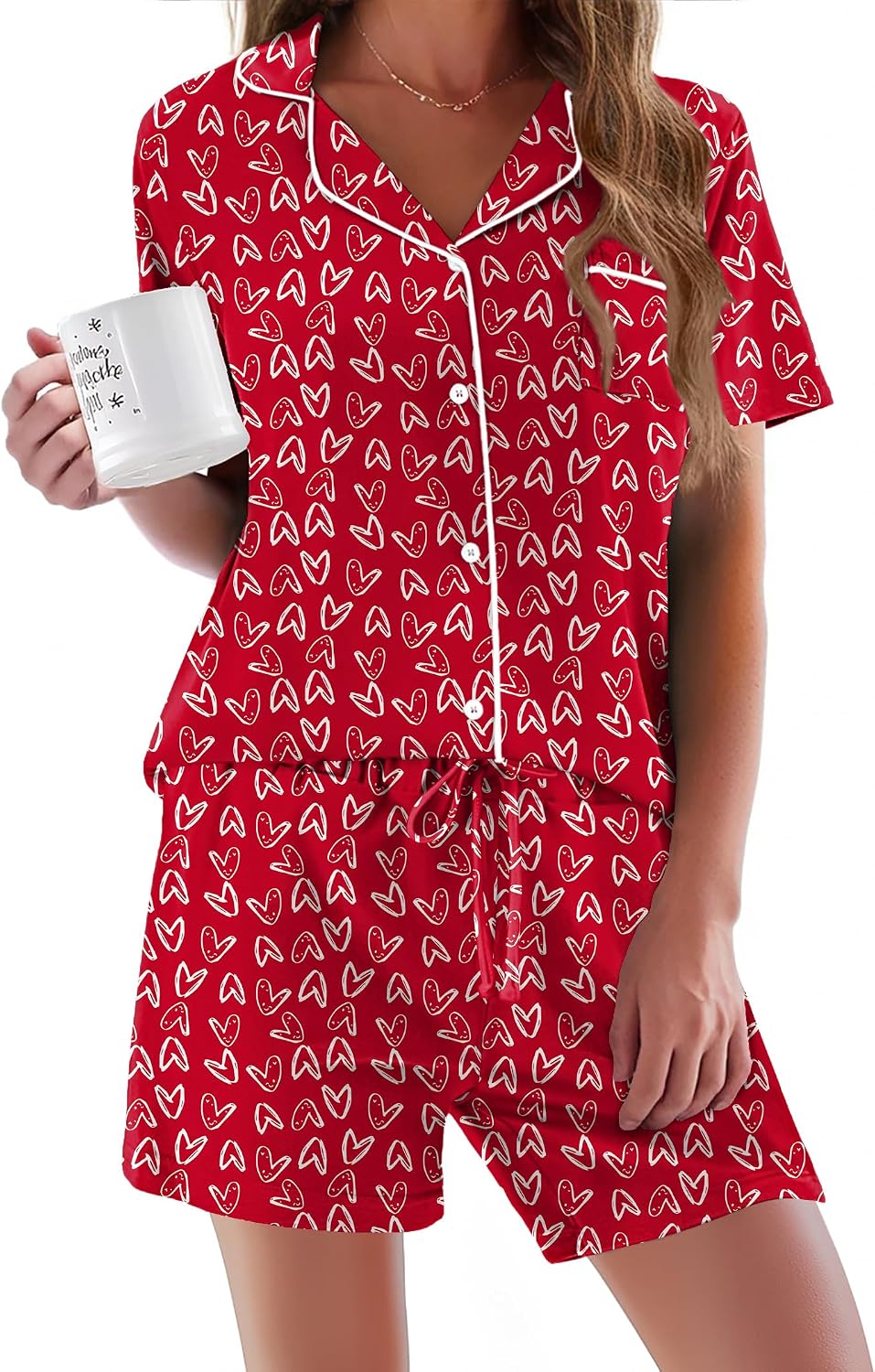 Ekouaer Pajamas Set for Women Short Sleeve Sleepwear Button Down Pj XS-XXXL | Summer 2 Piece Lounge Set, Soft Fabric, Drawstring Waistband, for Bridesmaid Bride Party, Plus Size, Petite, Cute Pattern