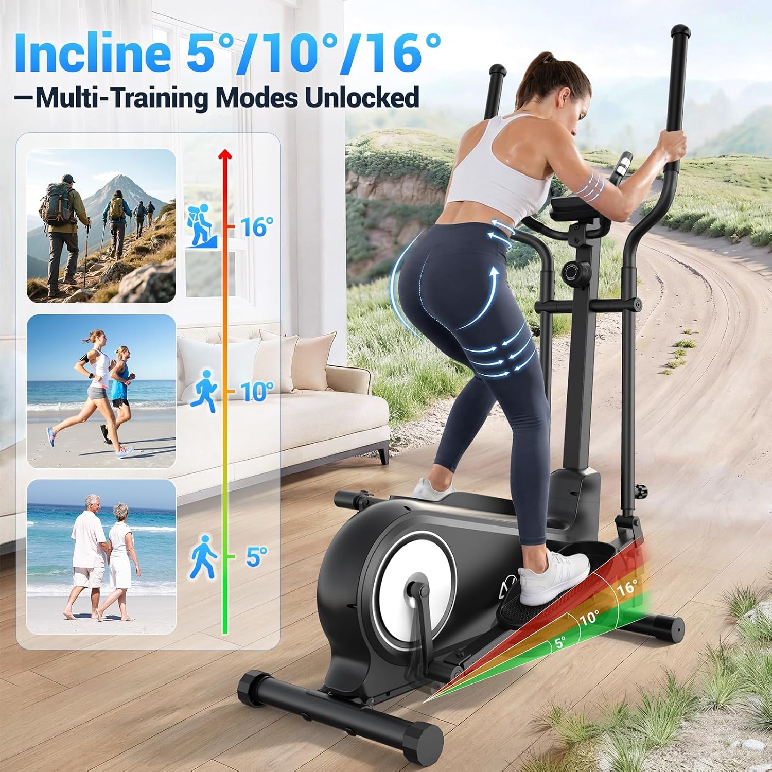 ANCHEER Elliptical Exercise Machine Foldable Elliptical Trainer 16" Stride | Ultra-Silent Elliptical Machine for Home, 550LBS Loading Capacity, 16 Resistance Levels &Pulse Rate Grips &Adjustable Pedals