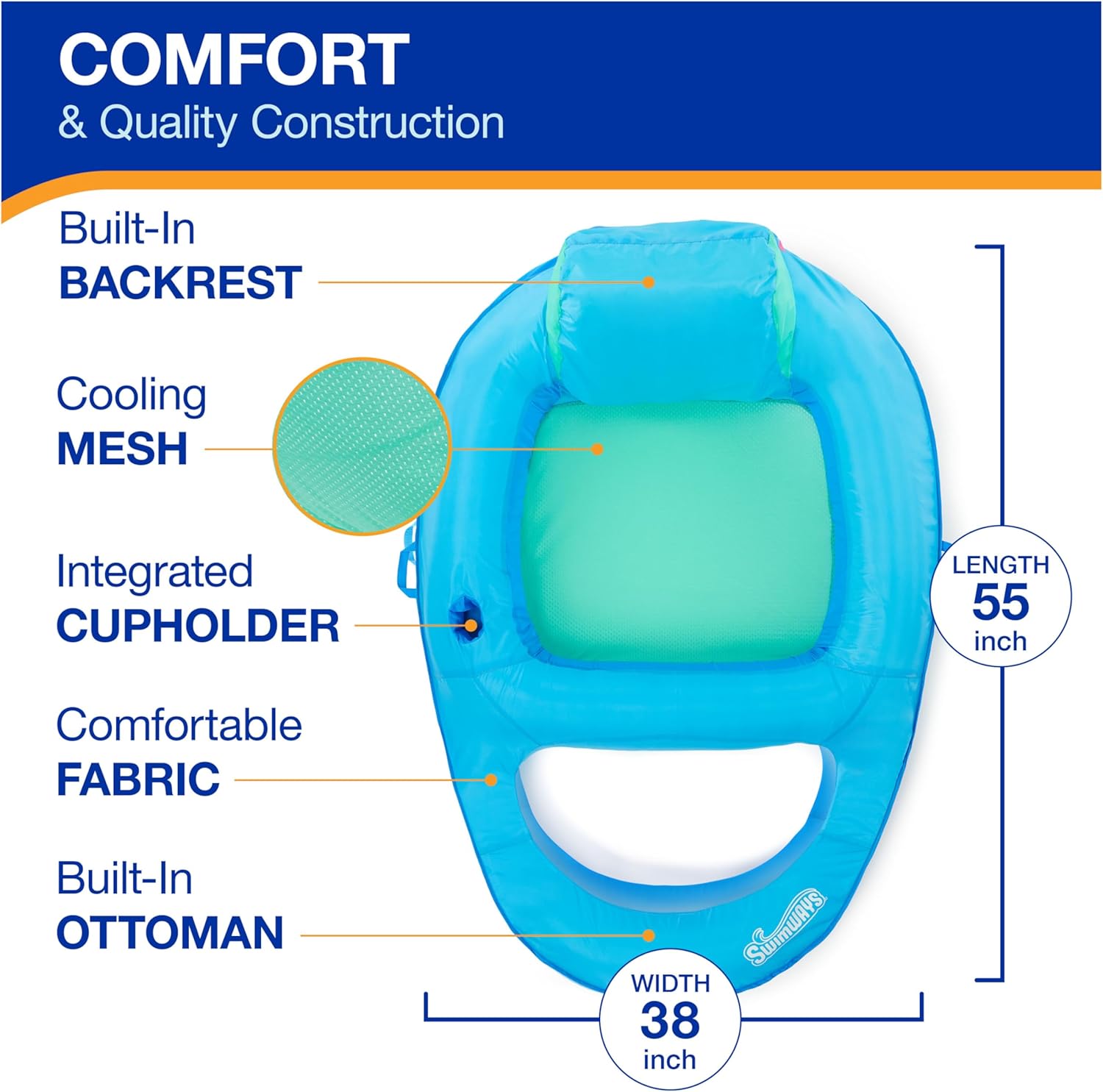 SwimWays Spring Float Recliner Chair for Swimming Pool, Inflatable Pool Floats Adult with Fast Inflation, Cup Holder & Foot Rest for Ages 15 & Up