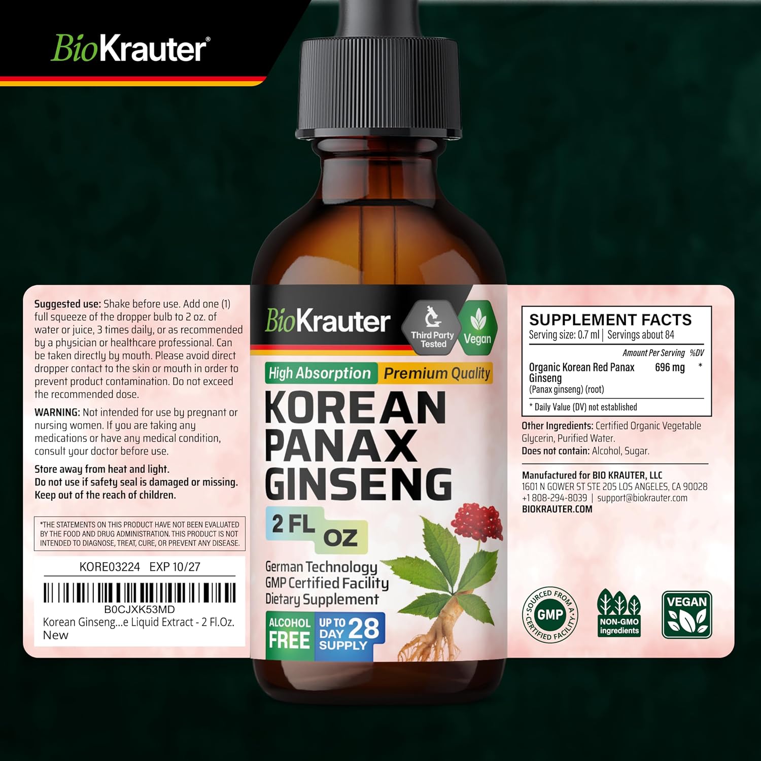 BIO KRAUTER Korean Panax Ginseng Tincture, Immune & Energy Support, 4 Fl.Oz