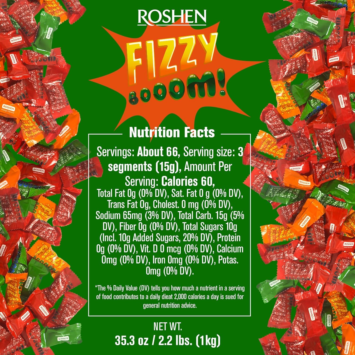 Roshen Citrus Mix Hard Candy – Assorted Fruit Flavors, Individually Wrapped, Bulk 2.2 lbs (1 kg) – Approx. 144 Pieces – Orange