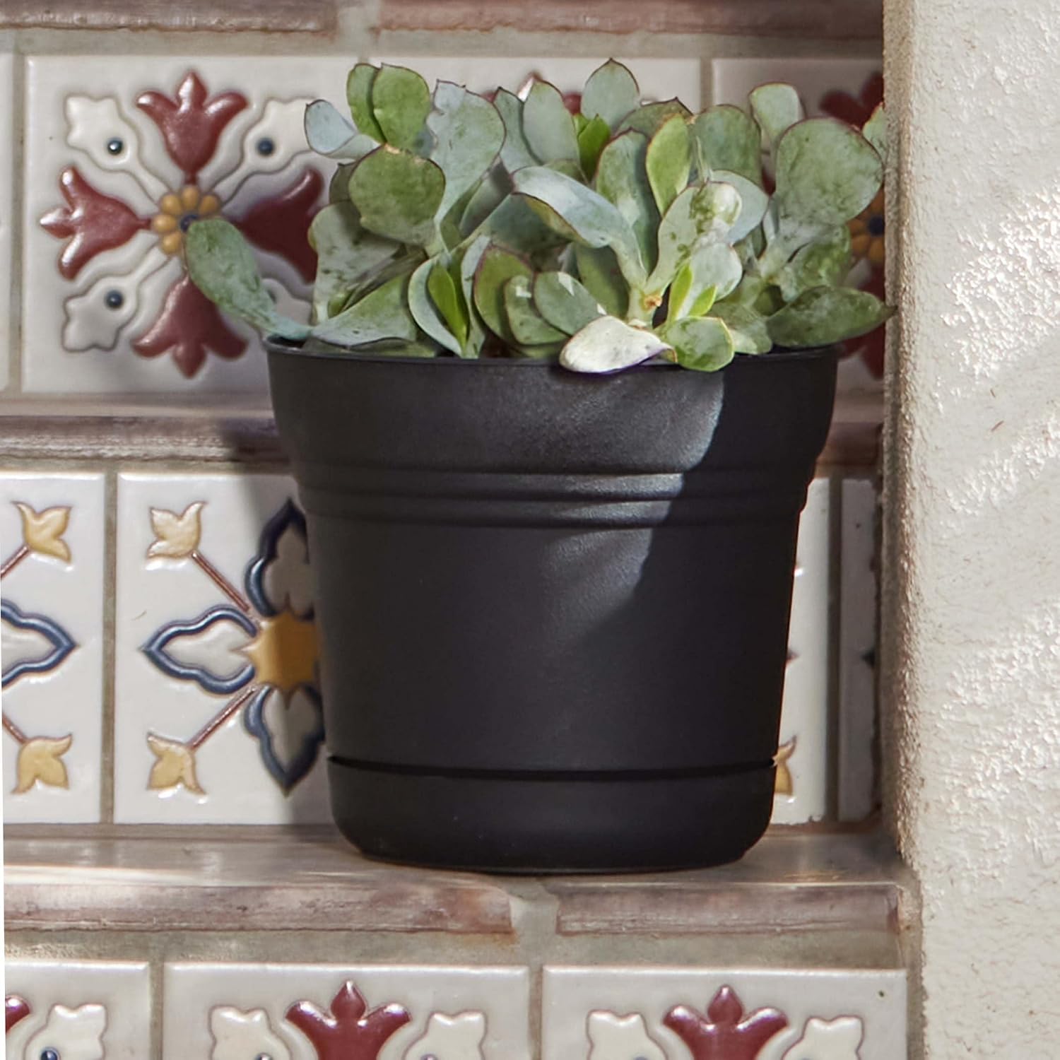 Bloem Saturn Round Planter with Saucer Tray: 14" - Black - Durable Plastic Pot, Matte Finish, Removable Saucer, for Indoor & Outdoor Use, Gardening, 5 Gallon Capacity