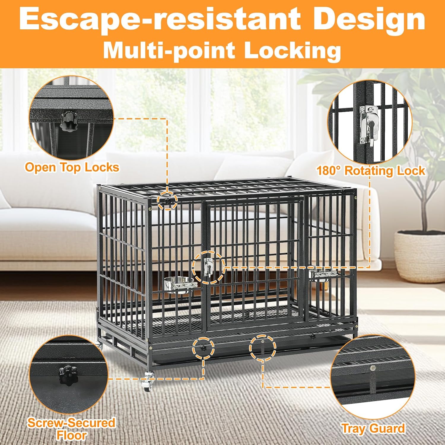 Homey Pet Three Tiers 43 inch Heavy Duty Dog Crate with Wheels, Dual Doors | Stackable Indestructible Steel Dog Cage Kennel Indoor with Divider, Trays, Bowls, Escape Proof Locks for Breeders and More