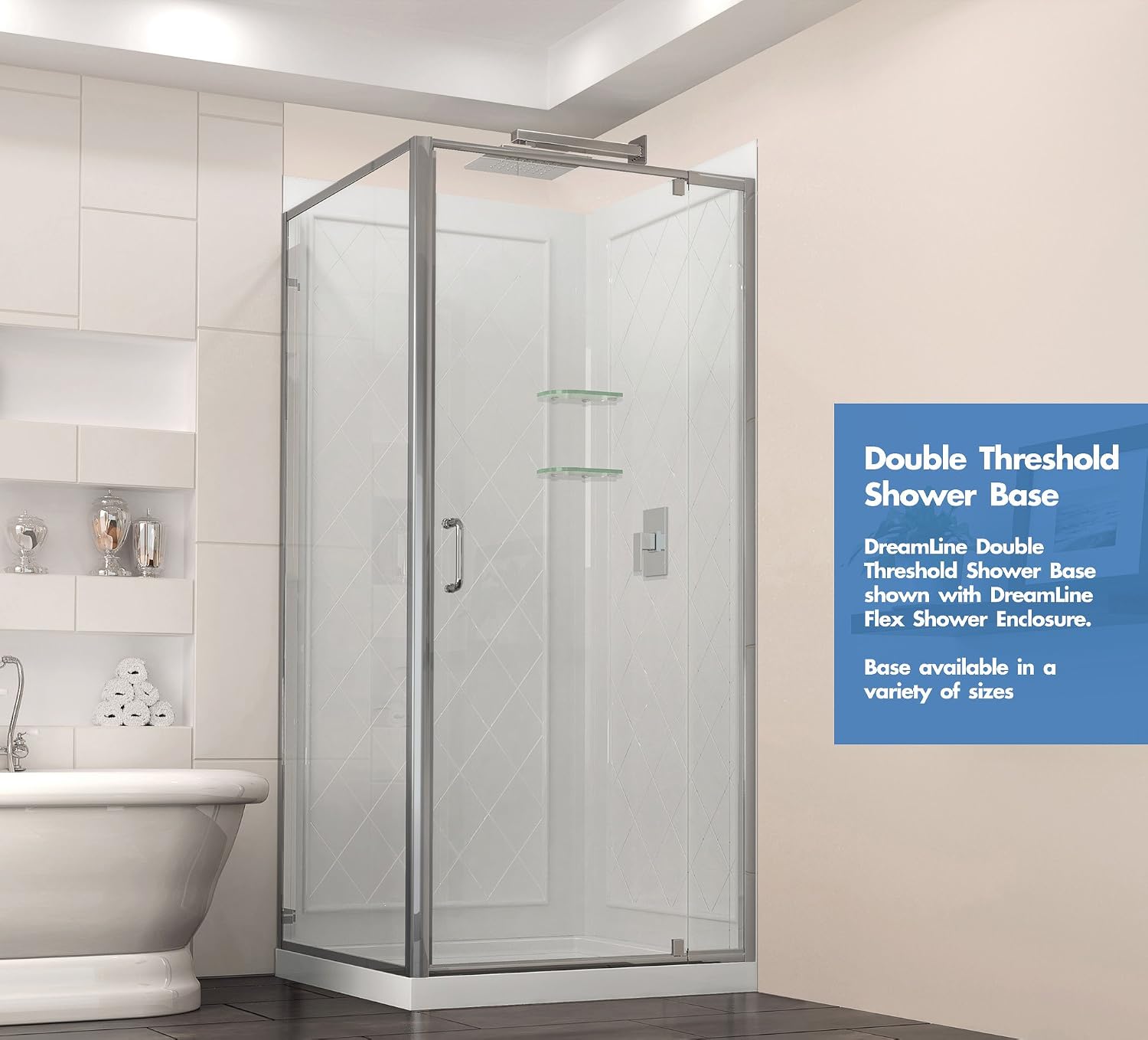DreamLine SlimLine 34 in. D x 48 in. W x 2 3/4 in. H Right Drain Double Threshold Shower Base in White, DLT-1034482