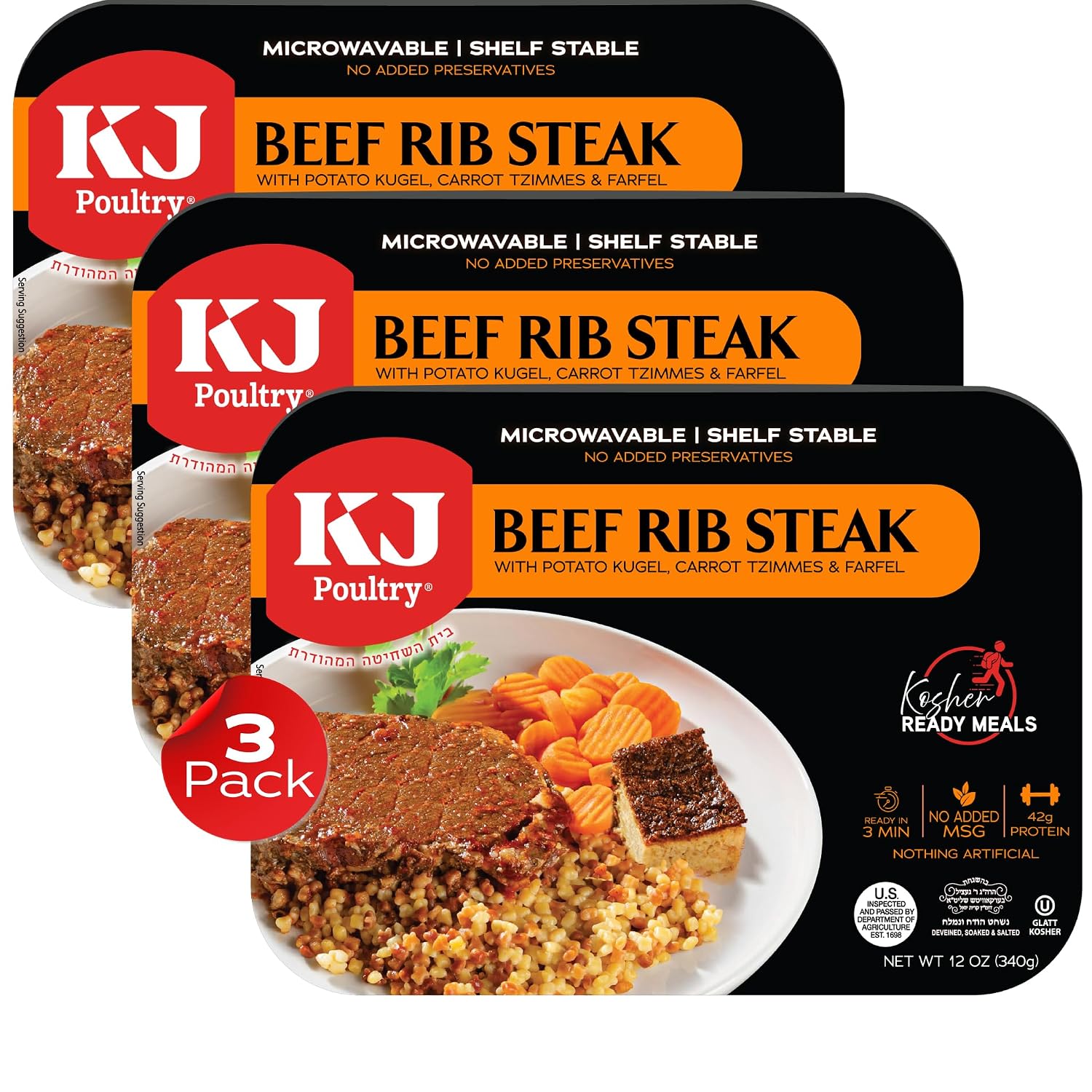 KJ Poultry Kosher Ready Meals - Beef Rib Steak & Kugel, MRE Meat Meals Ready to Eat, Shabbos Food (1 Pack) Prepared Entree Fully Cooked, Shelf Stable Microwave Dinner Travel Military Camping Survival