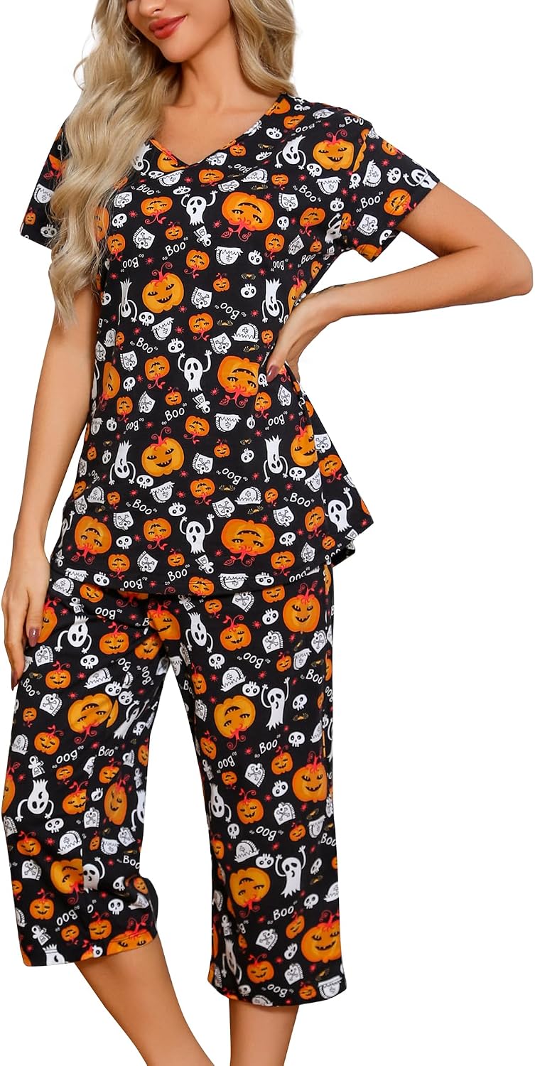 ENJOYNIGHT Womens Pajama Set Cotton Short Sleeve Top With Capri Pants Pj