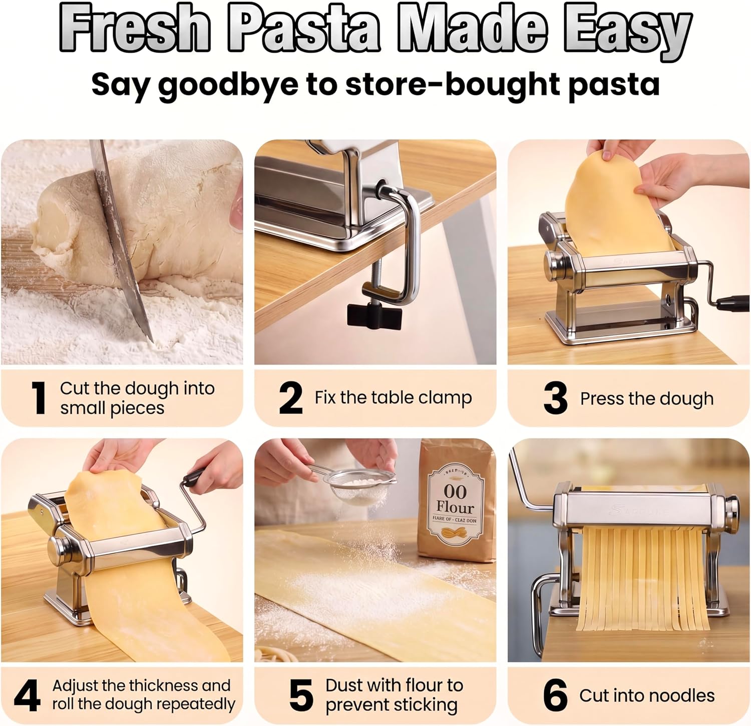 Sailnovo 3-in-1 Pasta Maker with 9-Setting Pasta Roller & Cutters