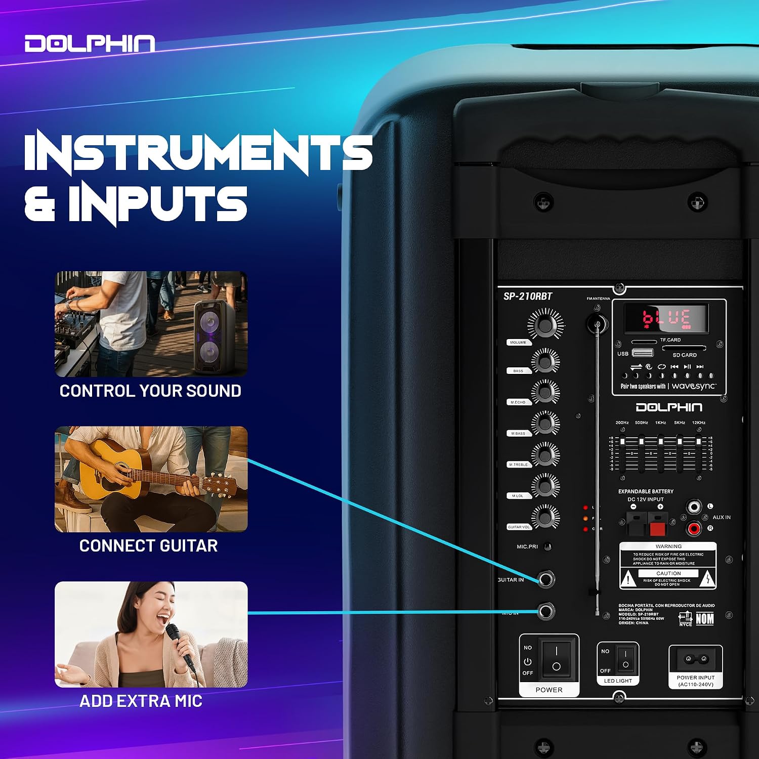 Dolphin Bluetooth Party Speaker with 2 Wireless Mics, Dual 10" Woofers | 1000W Output, SD/FM/USB/AUX/RCA, Guitar & Mic Inputs, Multicolor LED Lights