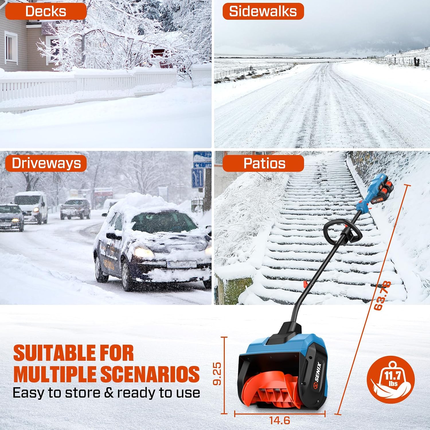 SENIX Cordless Snow Shovel, 40V | 13-Inch | 6-Inch | 8000mAh Snow Blower | 20FT Max Throw Distance, Plows 375lbs/Min, with Auxiliary Handle for Patio, Deck, Driveway