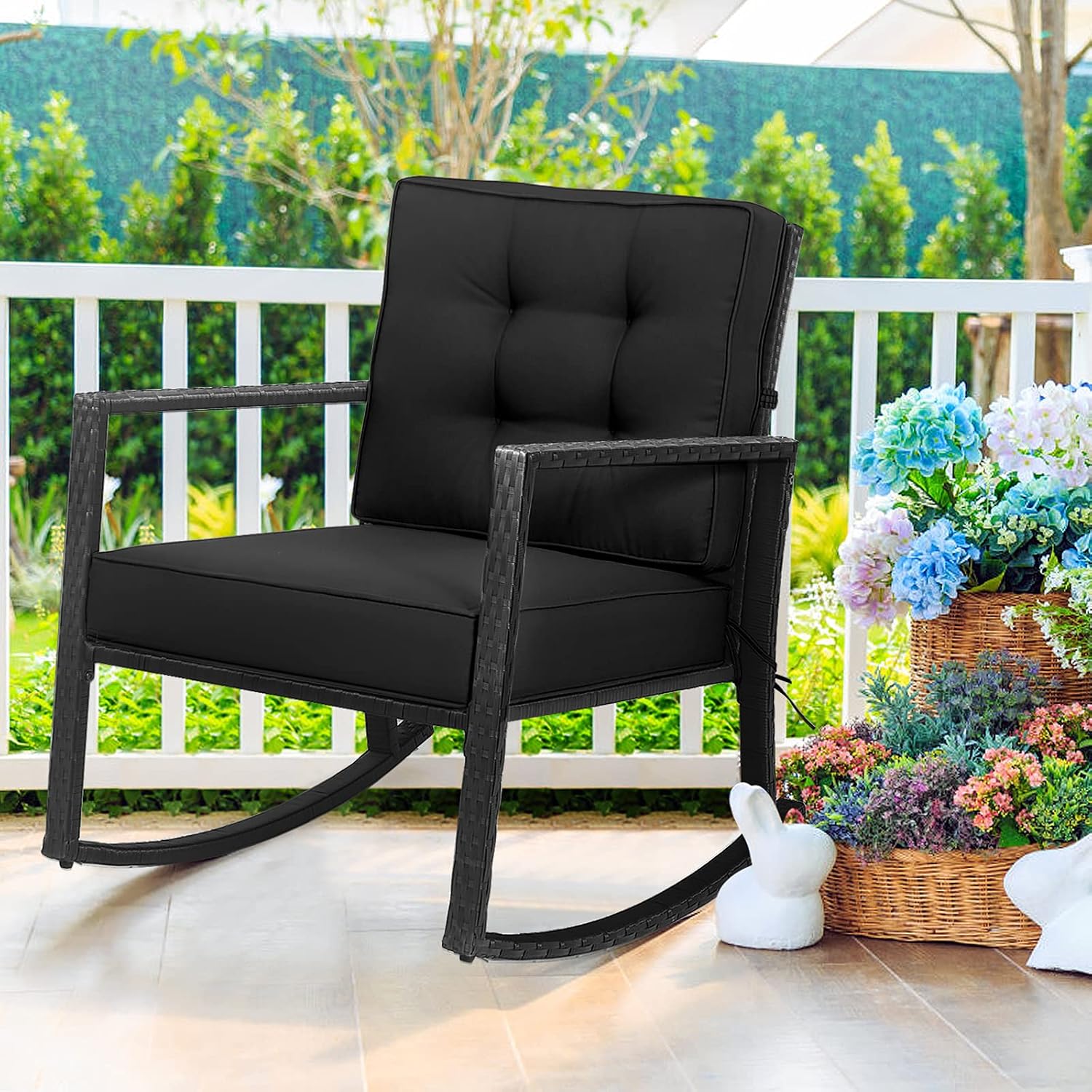 Tangkula Wicker Rocking Chair, Outdoor Glider Rattan Rocker Chair with Heavy-Duty Steel Frame