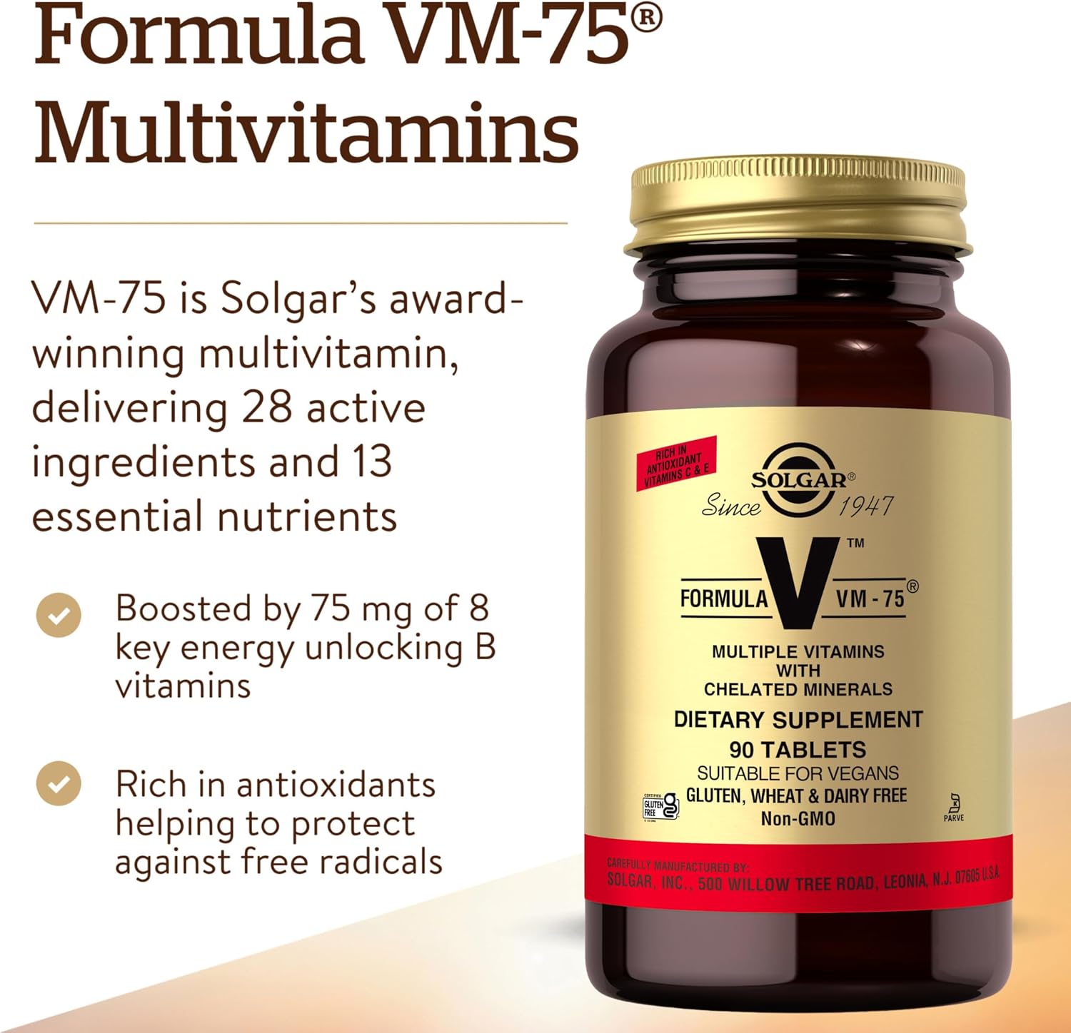 Solgar Formula VM-75, 90 Tablets - Vitamin A, B6, B12, C, D, E, Vegan | Multivitamin with Chelated Minerals - Biotin, Magnesium, Calcium, Iron, Zinc, Gluten Free, Dairy Free, Kosher - 90 Servings