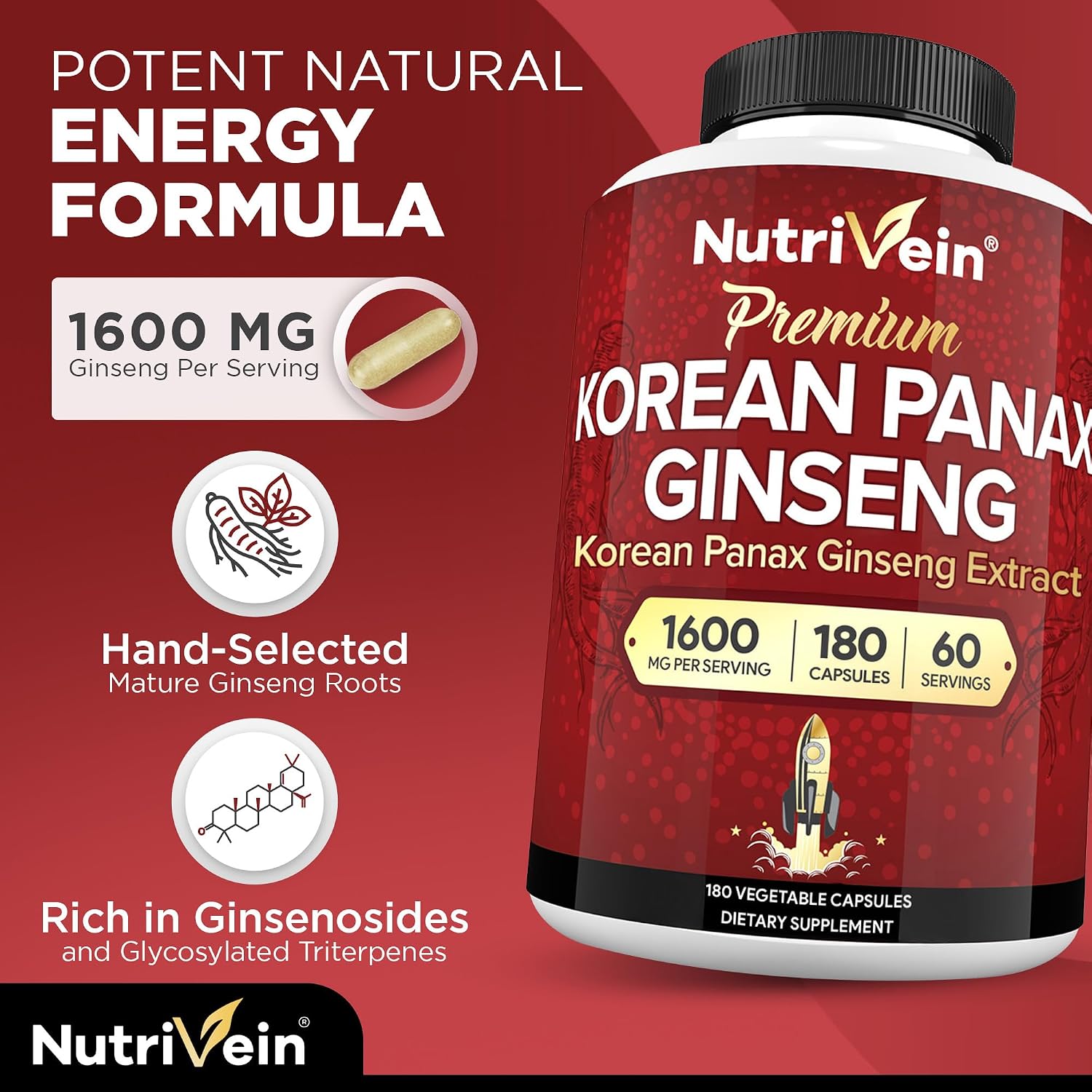 Nutrivein Korean Red Panax Ginseng 1600 mg - 180 Capsules, Extra Strength