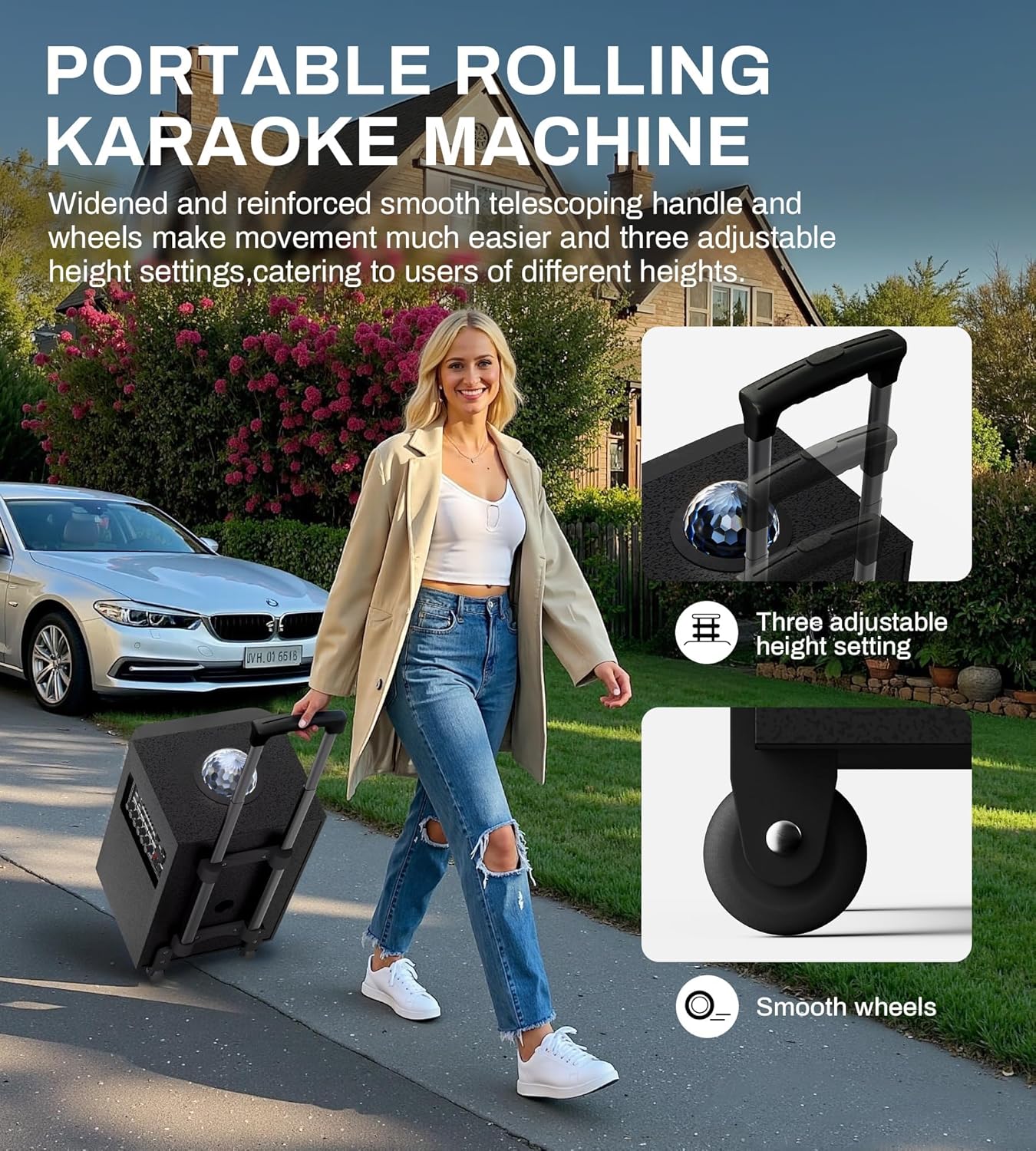 Karaoke Machine for Adults with 2 Wireless Microphones, BT PA System with Disco Ball LED Lights, Rolling Wheels, Tablet Holder, Remote Control