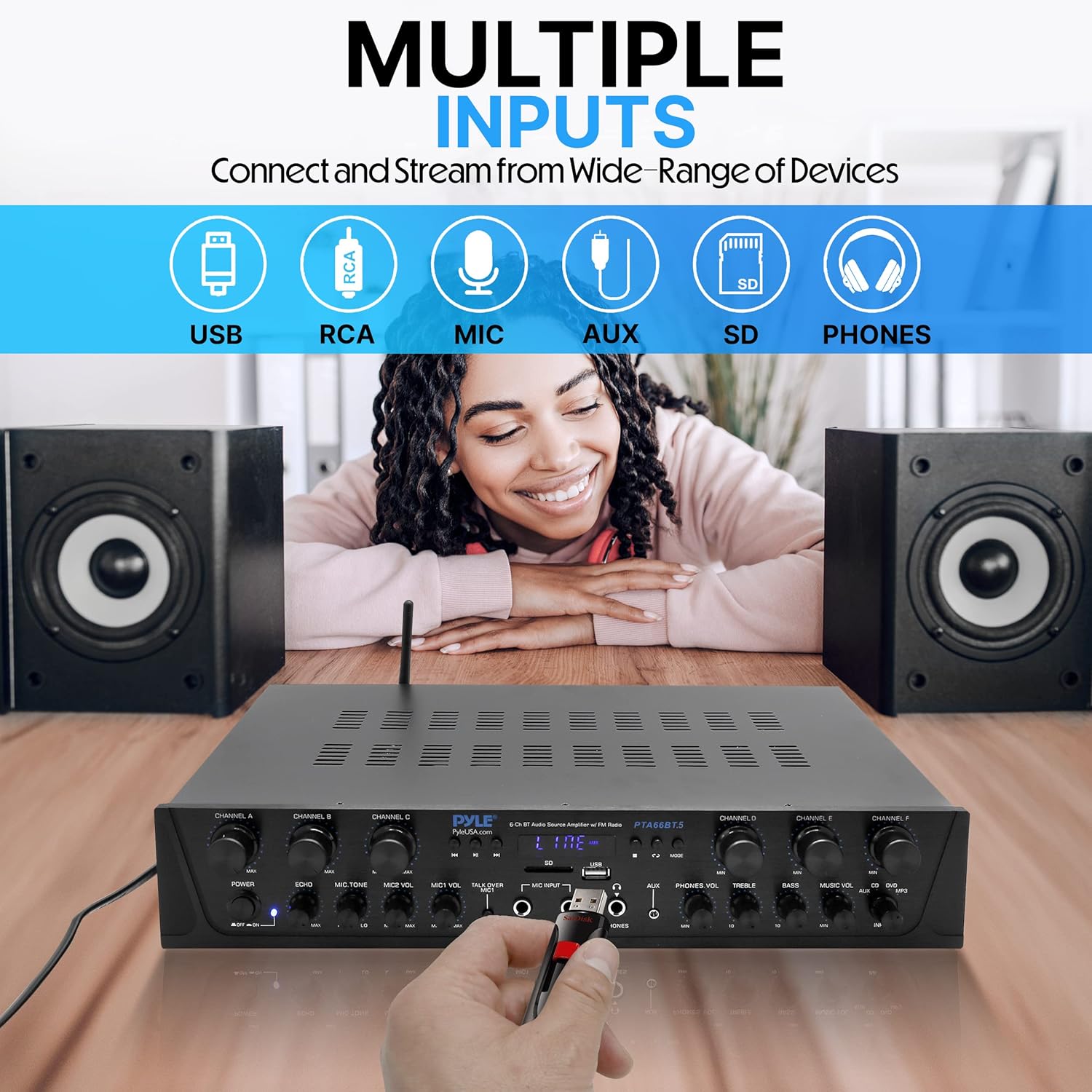Pyle Bluetooth Home Audio Amplifier - 6 Channel Stereo Receiver Amp, 600 Watt Power, Commercial or Karaoke with Mic Talkover, Headphone Jack