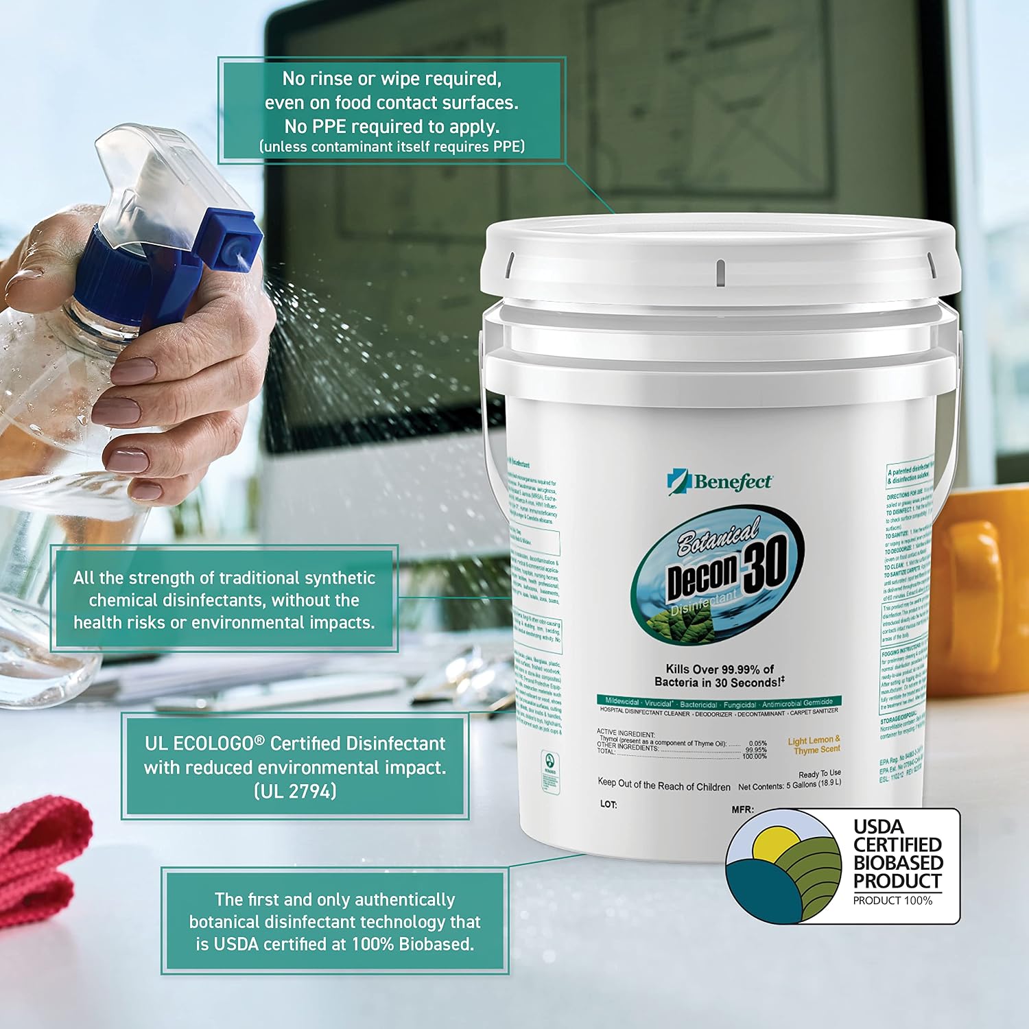 Benefect Botanical Decon 30 Disinfectant Cleaner - All Natural Formula for Effective Cleaning Power - Ideal for Restoration Jobs & Water Damage - 20476 - 1 Gallon