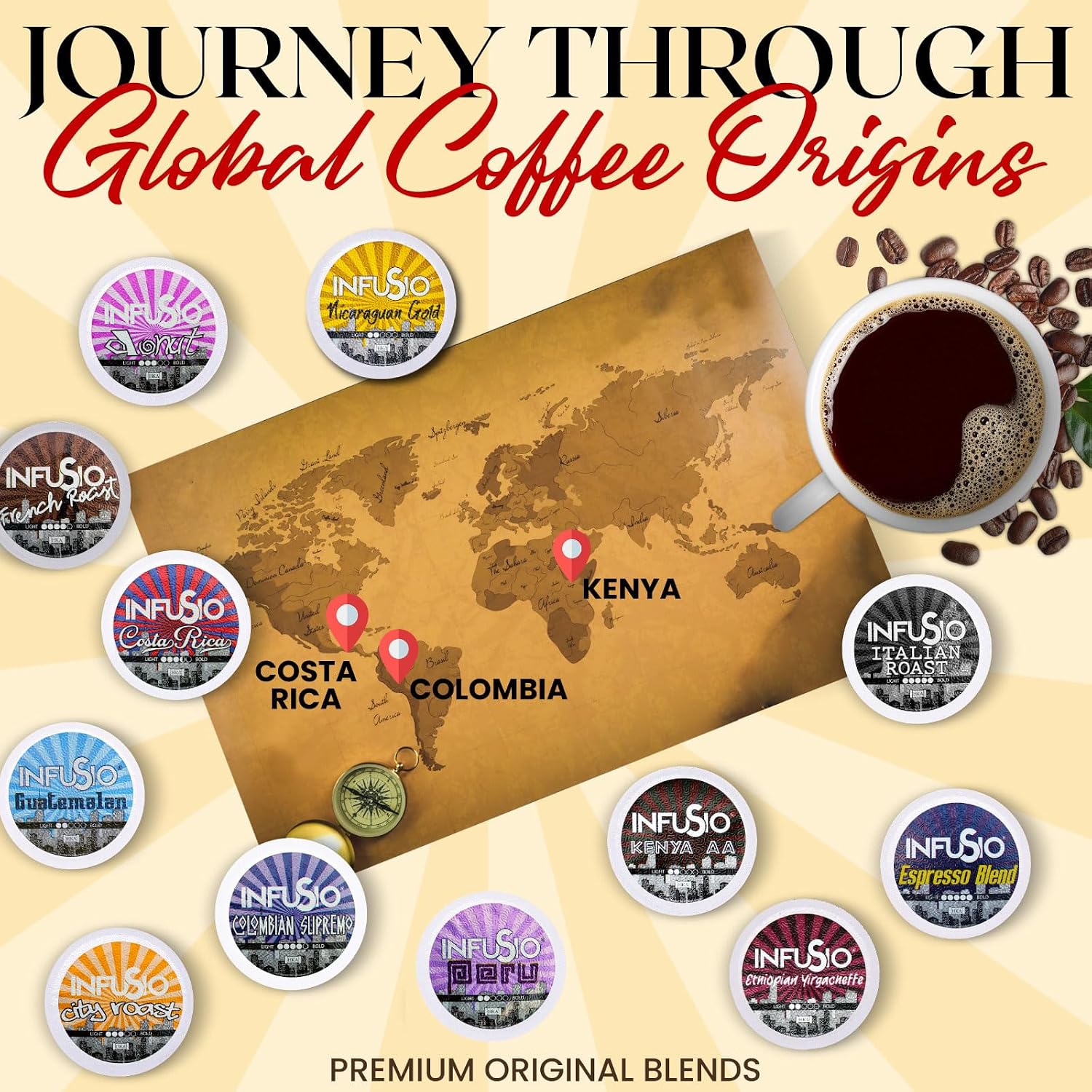 InfuSio Coffee Pods World Origins Variety Pack – 96 Count, 12 Blends Inspired by Colombia, Ethiopia, Kenya, Costa Rica & More, Medium & Dark Roast, Low Acid, Keurig Compatible