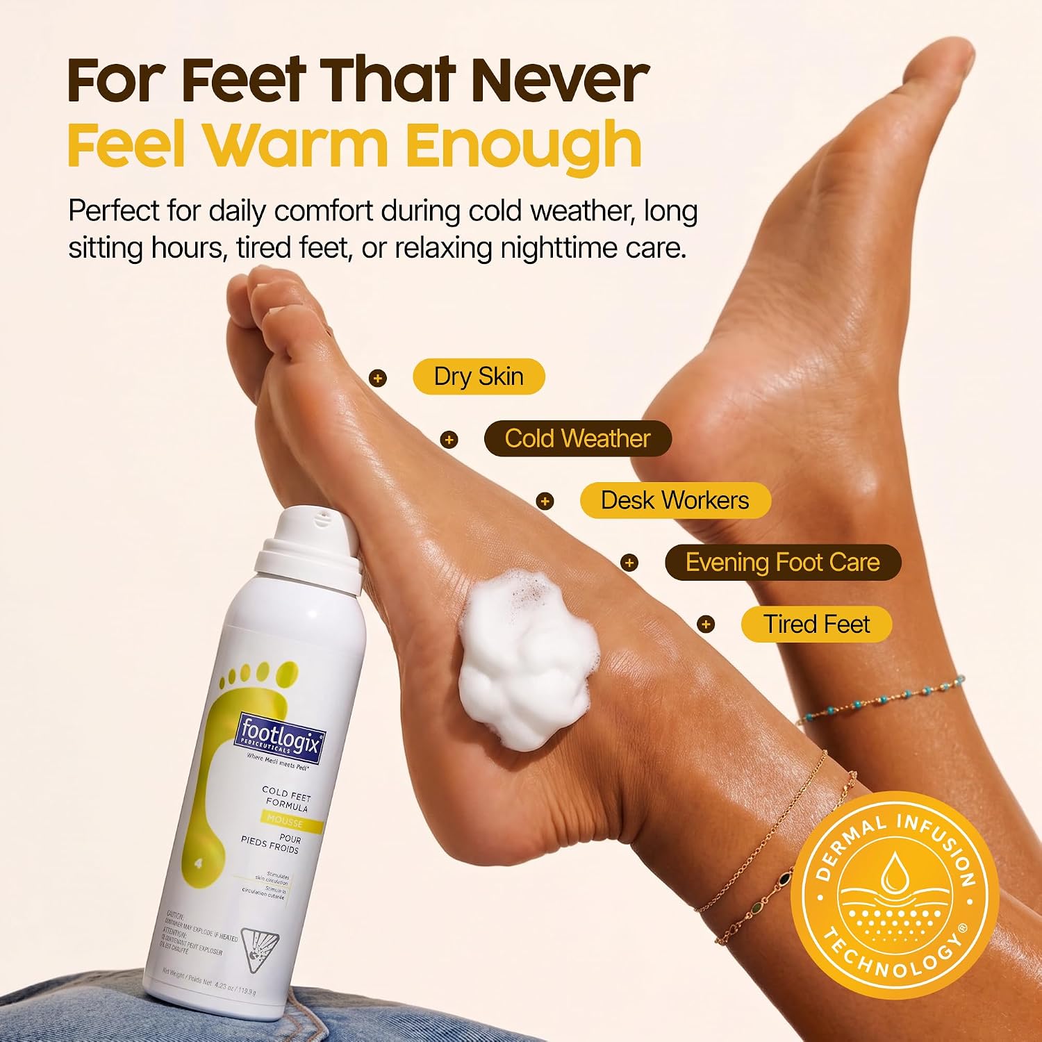 Footlogix Cold Feet Formula Mousse 4.23 oz – Foot Warming Mousse with Arnica, Rosemary & Co-Q10, Urea Foot Care, Dry Sensitive Skin, Non-Greasy