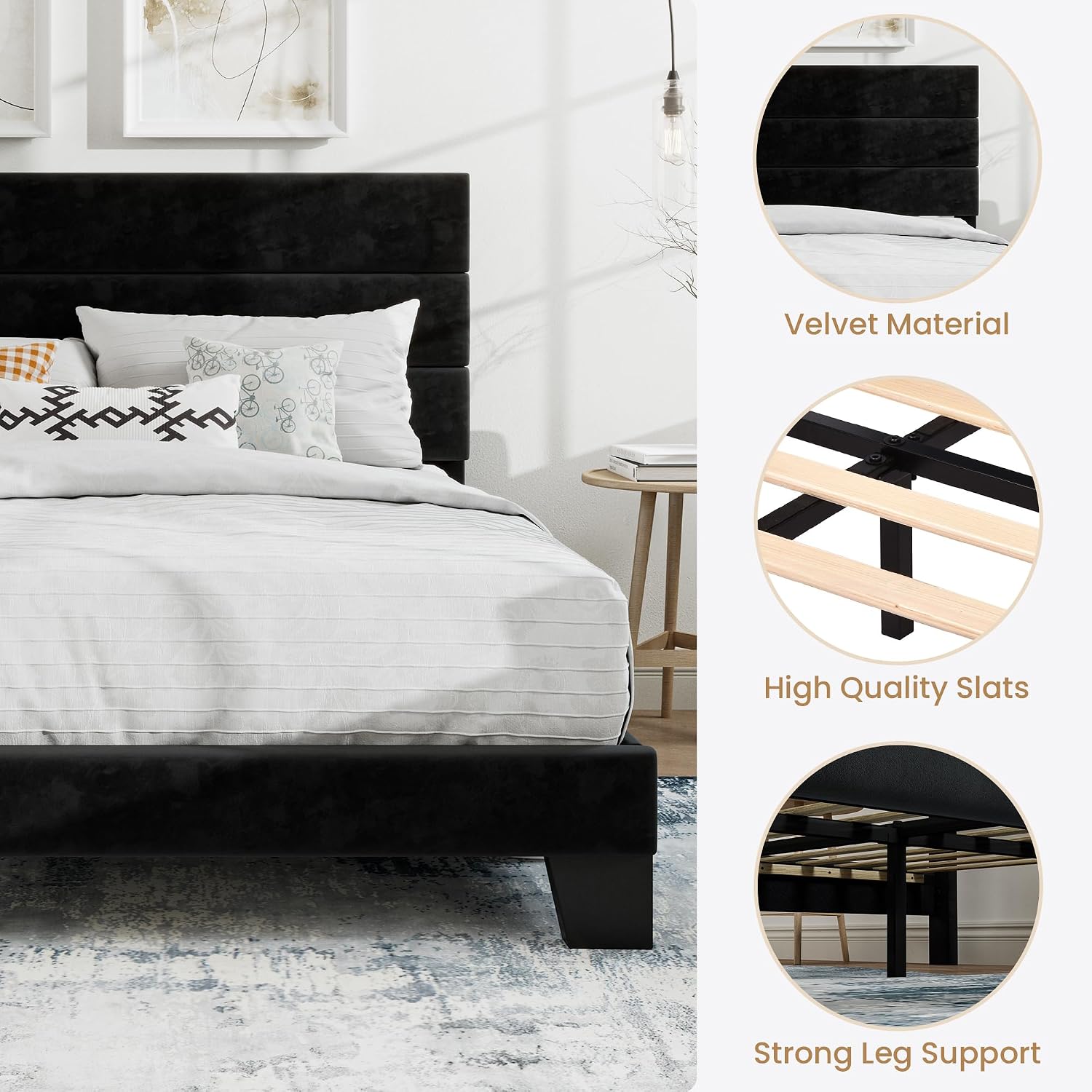 SHA CERLIN Full Platform Bed Frame with Upholstered Fabric Headboard, Grey