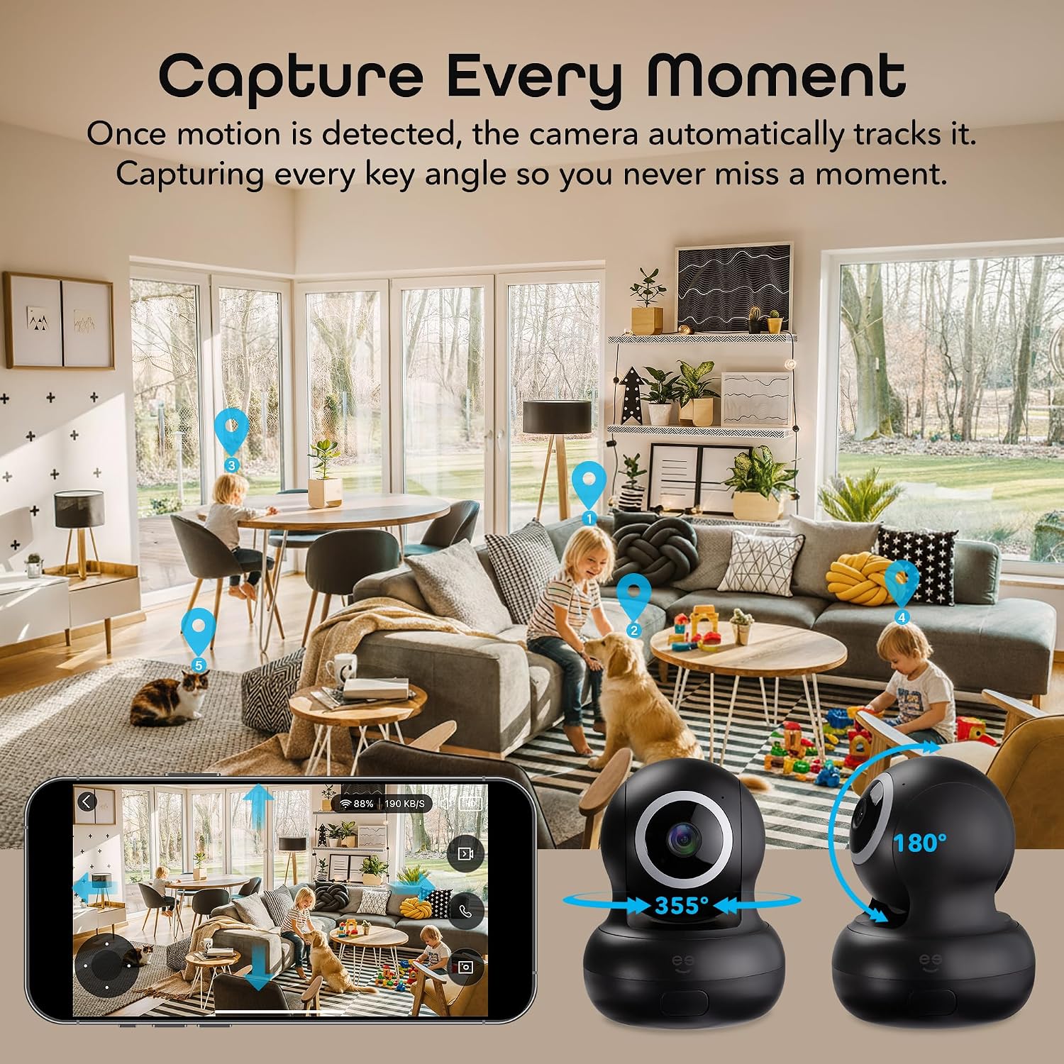 Geeni Sentinel Smart 2K Indoor Security Camera with Auto-Tracking – Dual-Band 2.4GHz & 5GHz WiFi, 2K HD Video, App & Voice Control, Motion Detection, White