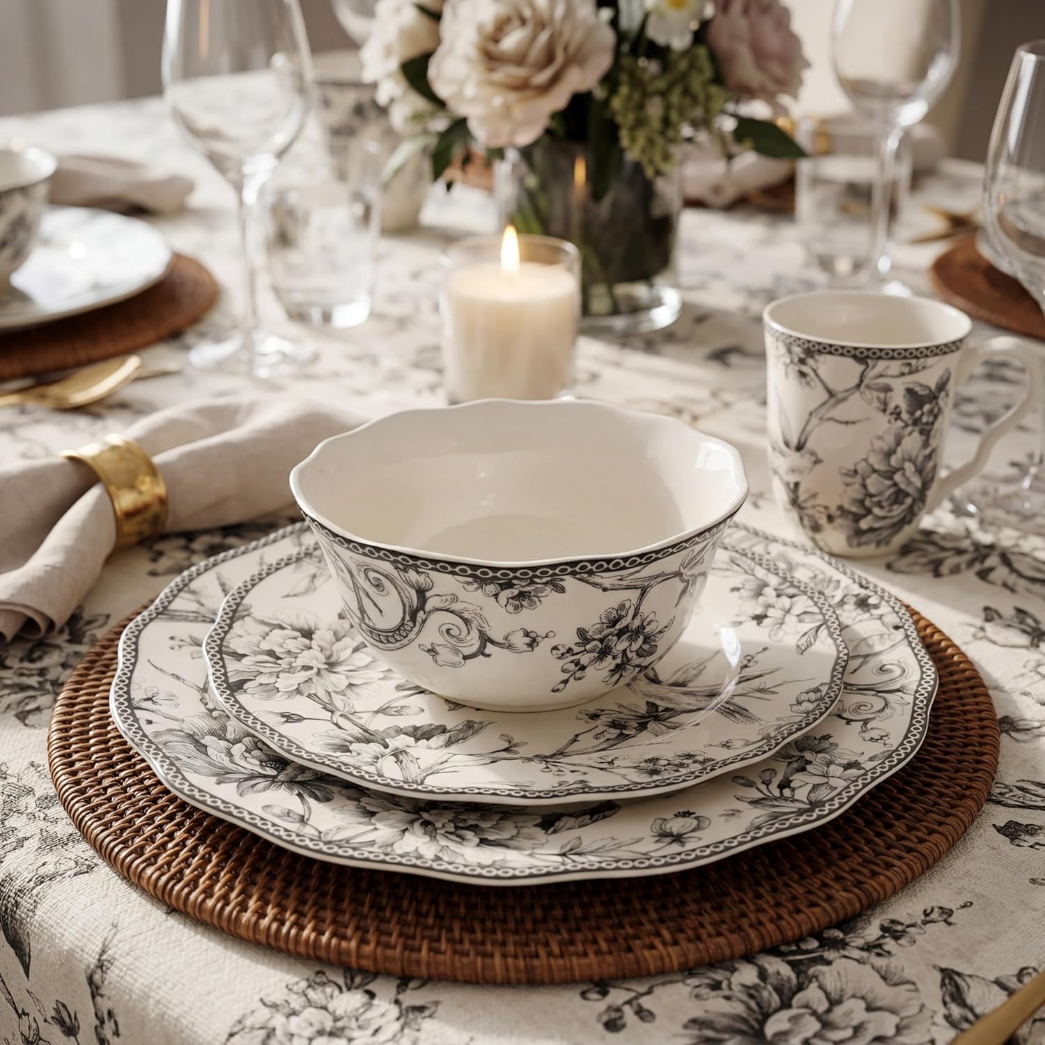 222 Fifth Adelaide 16-Piece Black Porcelain Dinnerware Set – Service for 4, Featuring Hand-Applied Romantic Woodland Bird Design