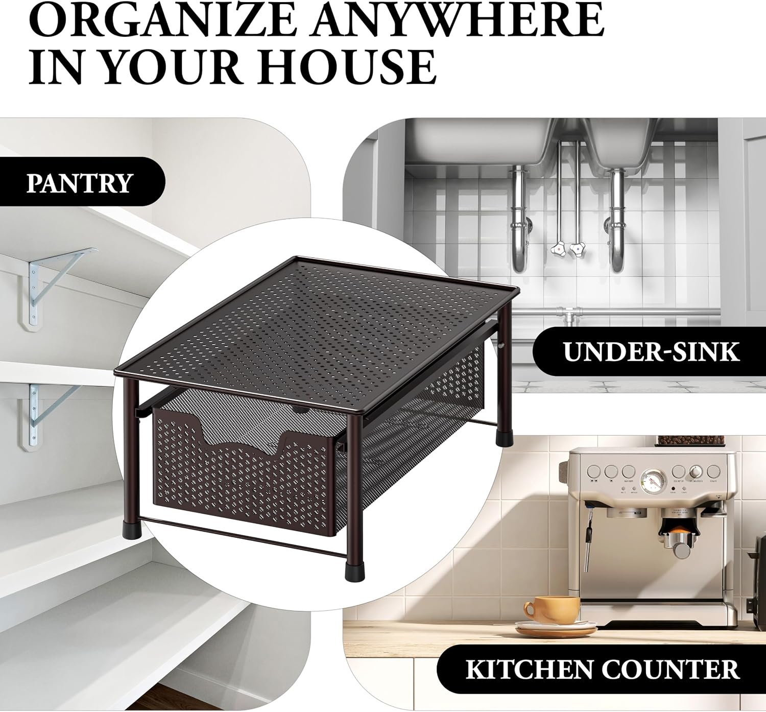 Simple Houseware Stackable 3 Tier Sliding Basket Organizer Drawer, Silver