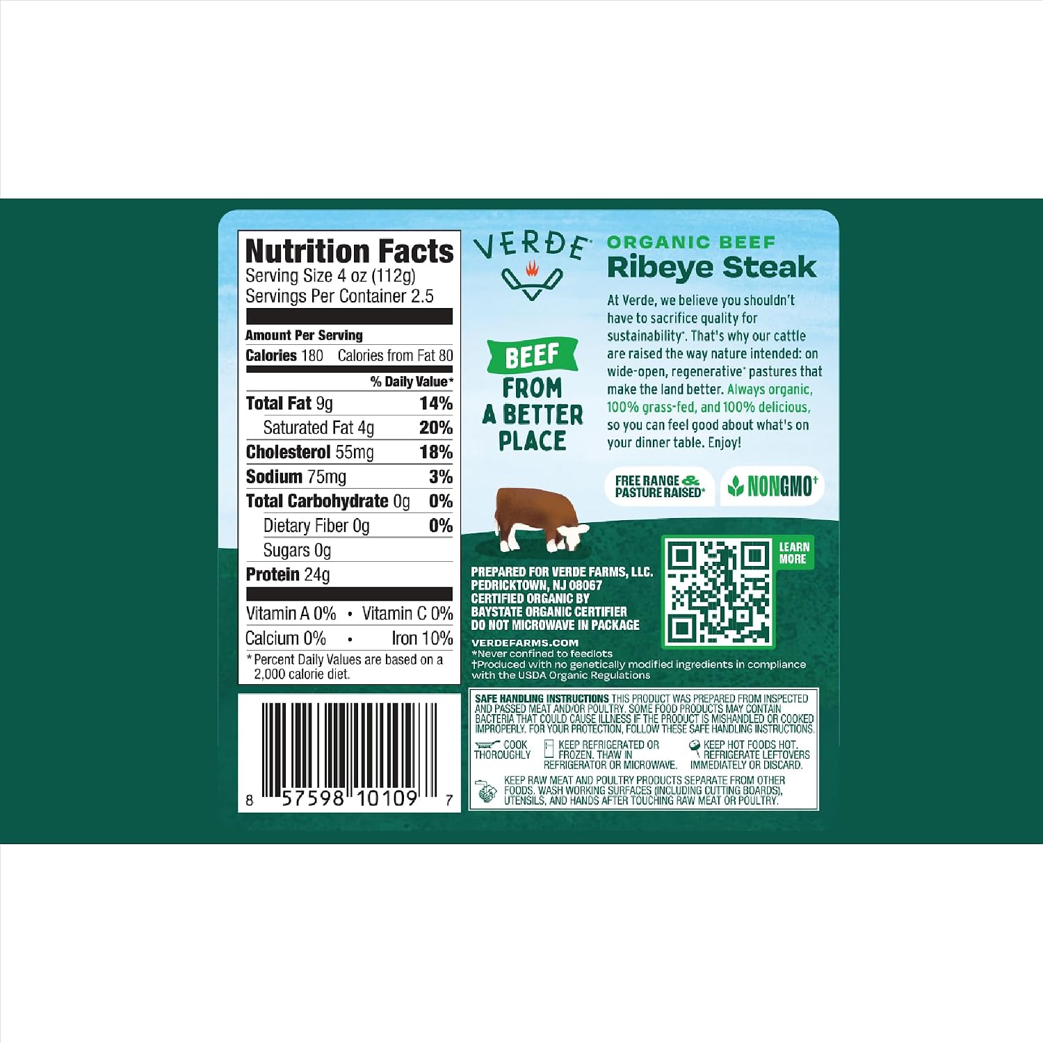 Verde Farms, Beef Ribeye Steak, Organic, Grass-Fed | 0.625 lbs.