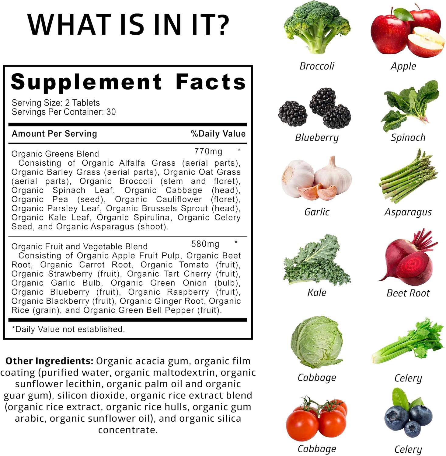 USDA Organic Superfood Greens, 28 Ingredients, Vegan, Non-GMO, 60 Tablets