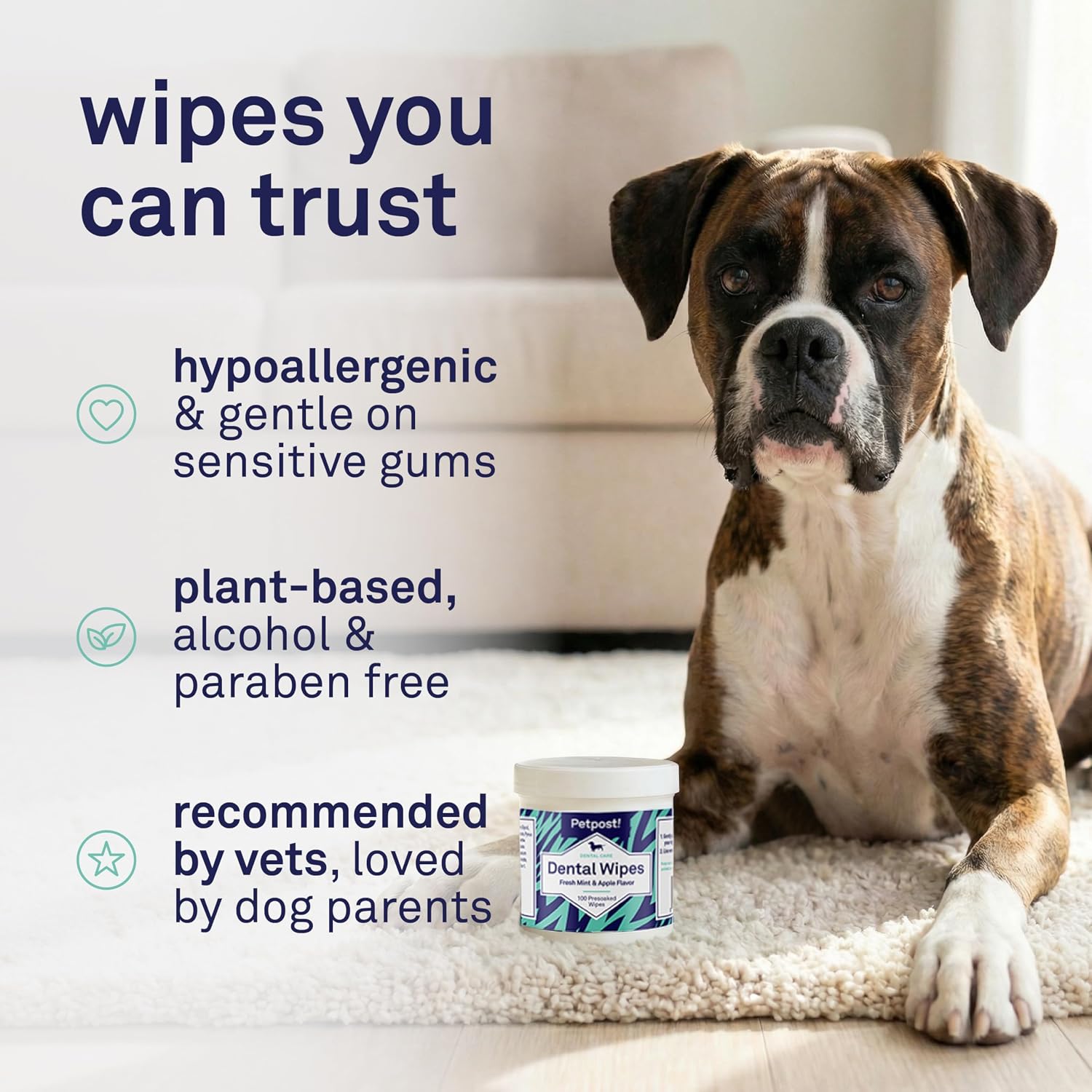 Petpost Dental Wipes for Dogs | 100 Count Presoaked Pads in Natural Tooth Cleaning Solution | Bad Breath and Tooth Buildup Remover