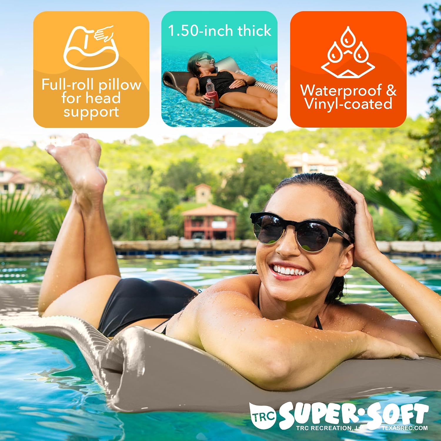 TRC Recreation Serenity 1.5” Thick Vinyl Coated Foam Swimming Pool Float Mat Adult Lounger with Built-in Roll Pillow