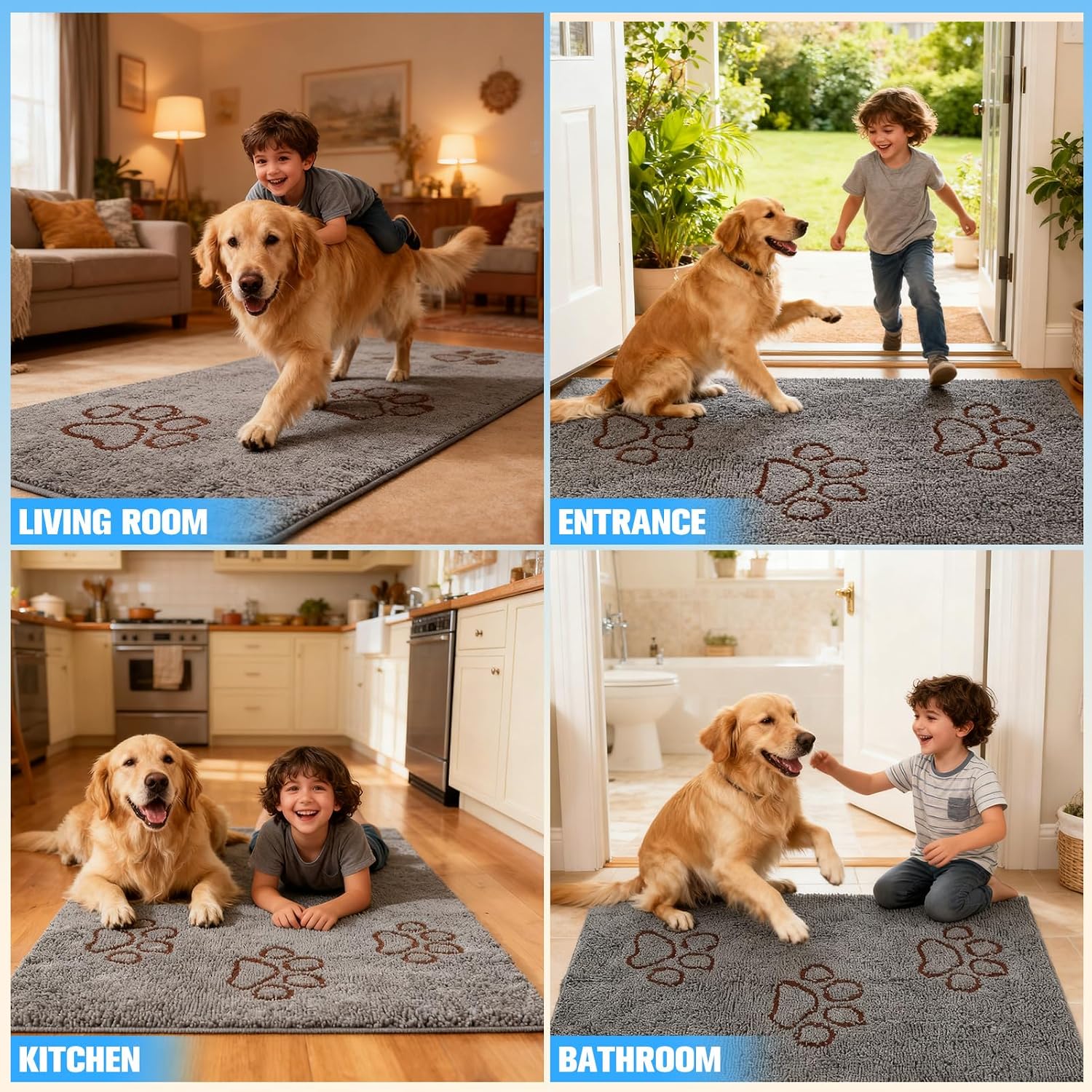 Dog Door Mat for Muddy Paws - Highly Absorbent Microfiber Pet Rug, Quick Dry Chenille Dog Runner Rug Indoor Outdoor, Non-Slip Entryway Carpet Washable Mud Mat for Dogs, Blue 60"x30"