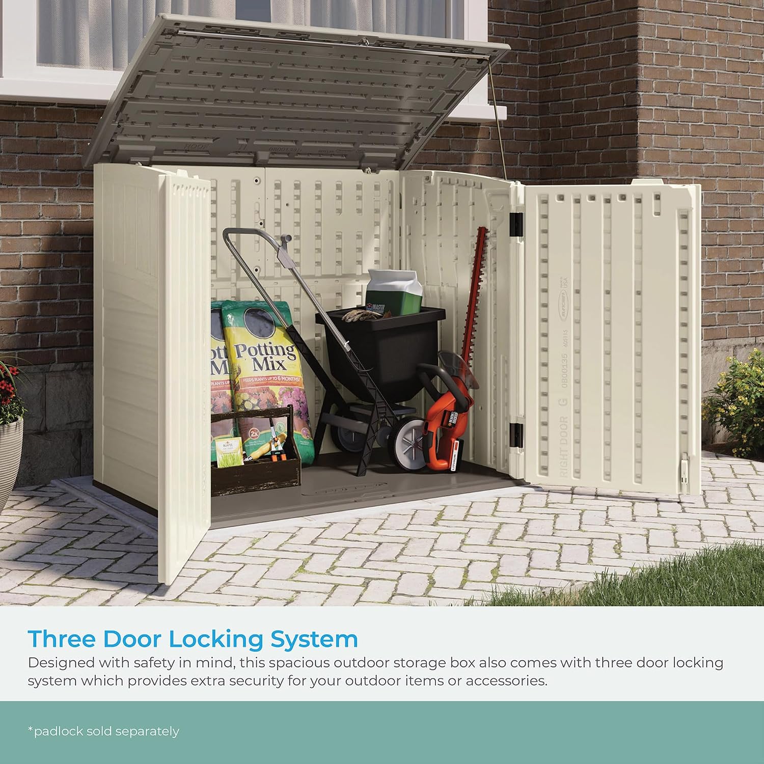 Suncast 34 Cu Ft Capacity Horizontal Outdoor Storage Shed for Garbage Cans, Garden Accessories, Backyard, and Patio Use, Vanilla