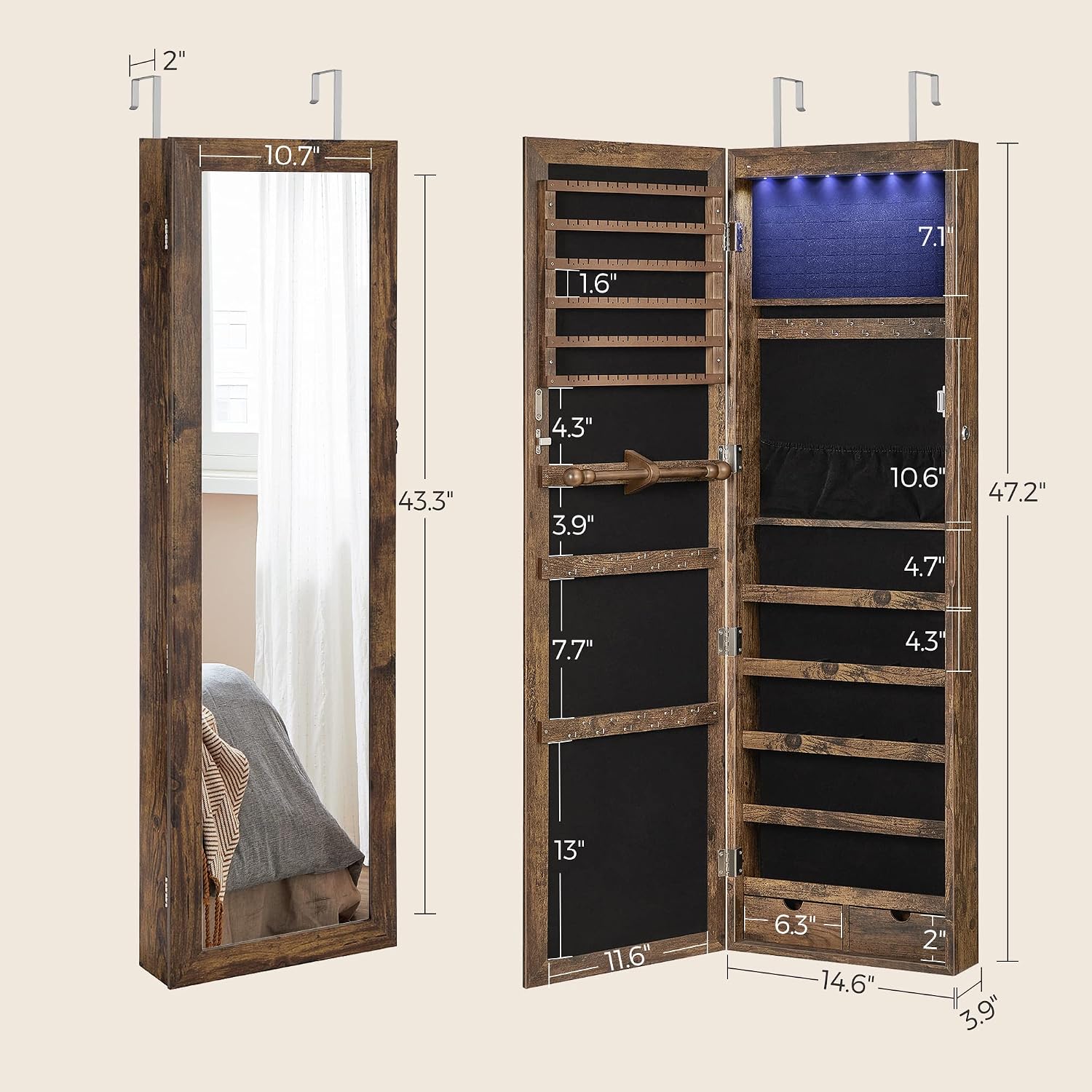 SONGMICS 6 LEDs Mirror Jewelry Cabinet, 47.2-Inch Tall Lockable Wall or Door Mounted Jewelry Armoire Organizer with Mirror, 2 Drawers, 3.9 x 14.6 x 47.2 Inches, White UJJC93W